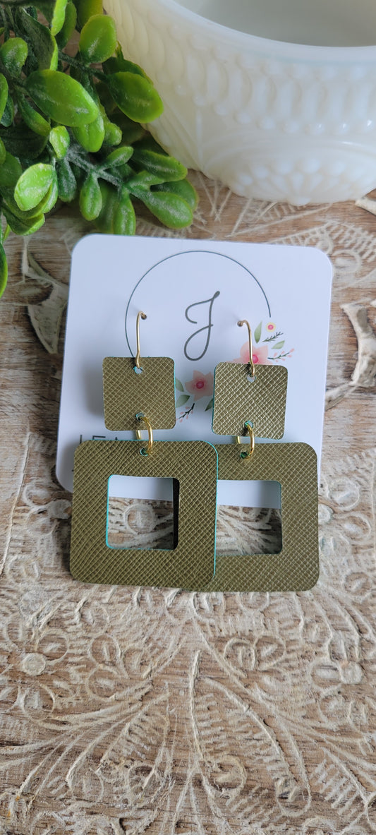 Olive Saffiano Square Earrings