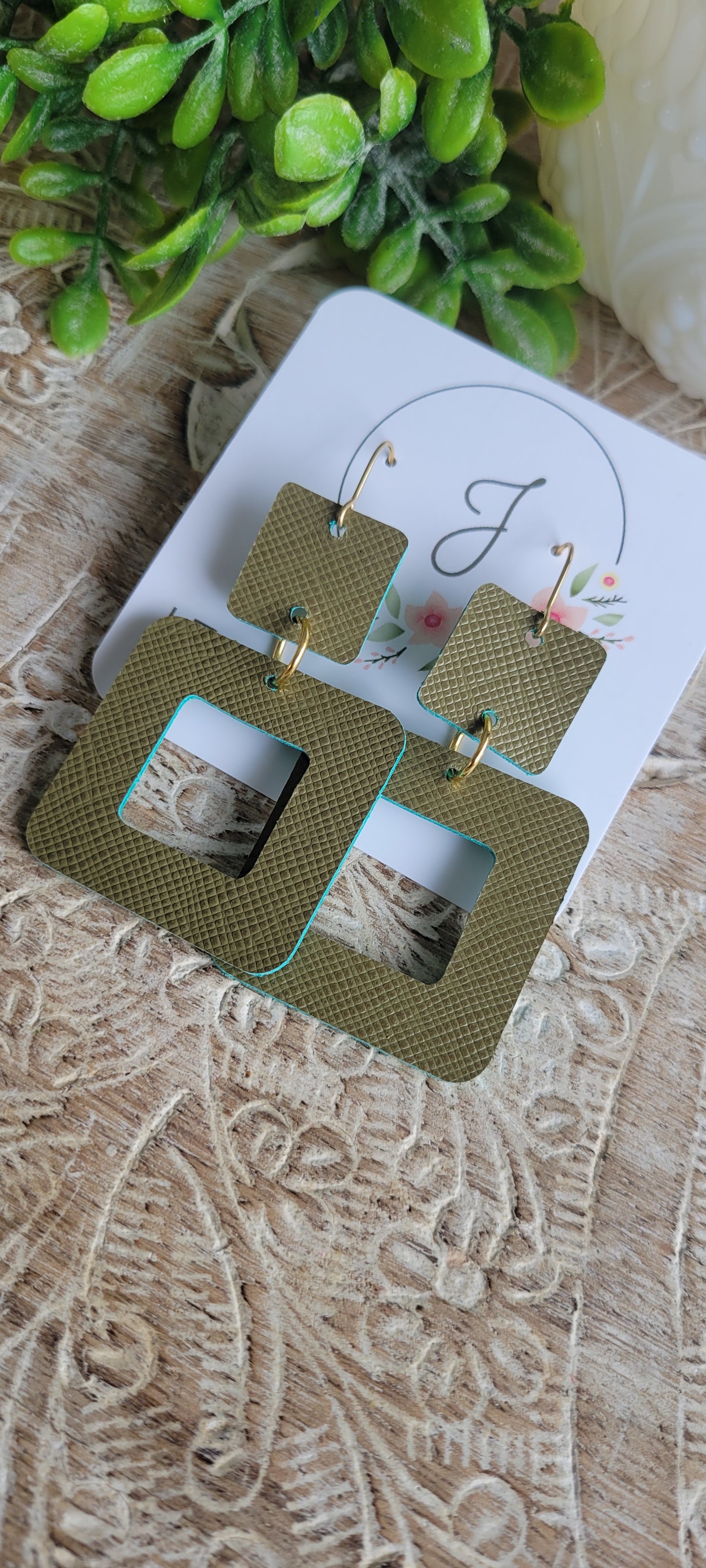 Olive Saffiano Square Earrings