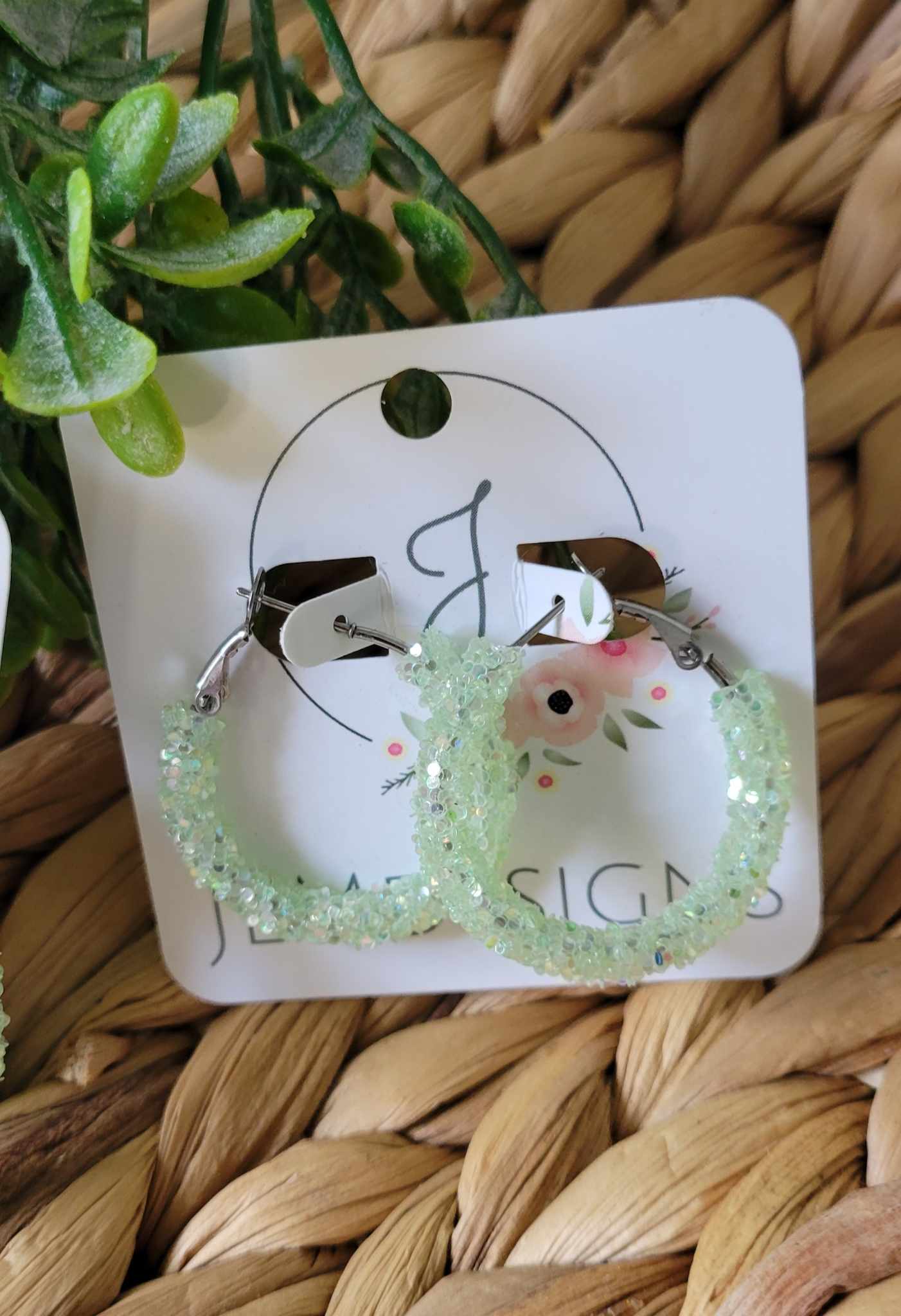 Pastel Green Glitter Hoop Earrings