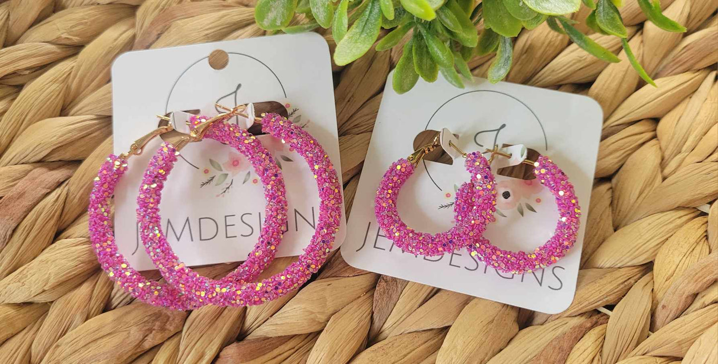 Magenta Glitter Hoop Earrings