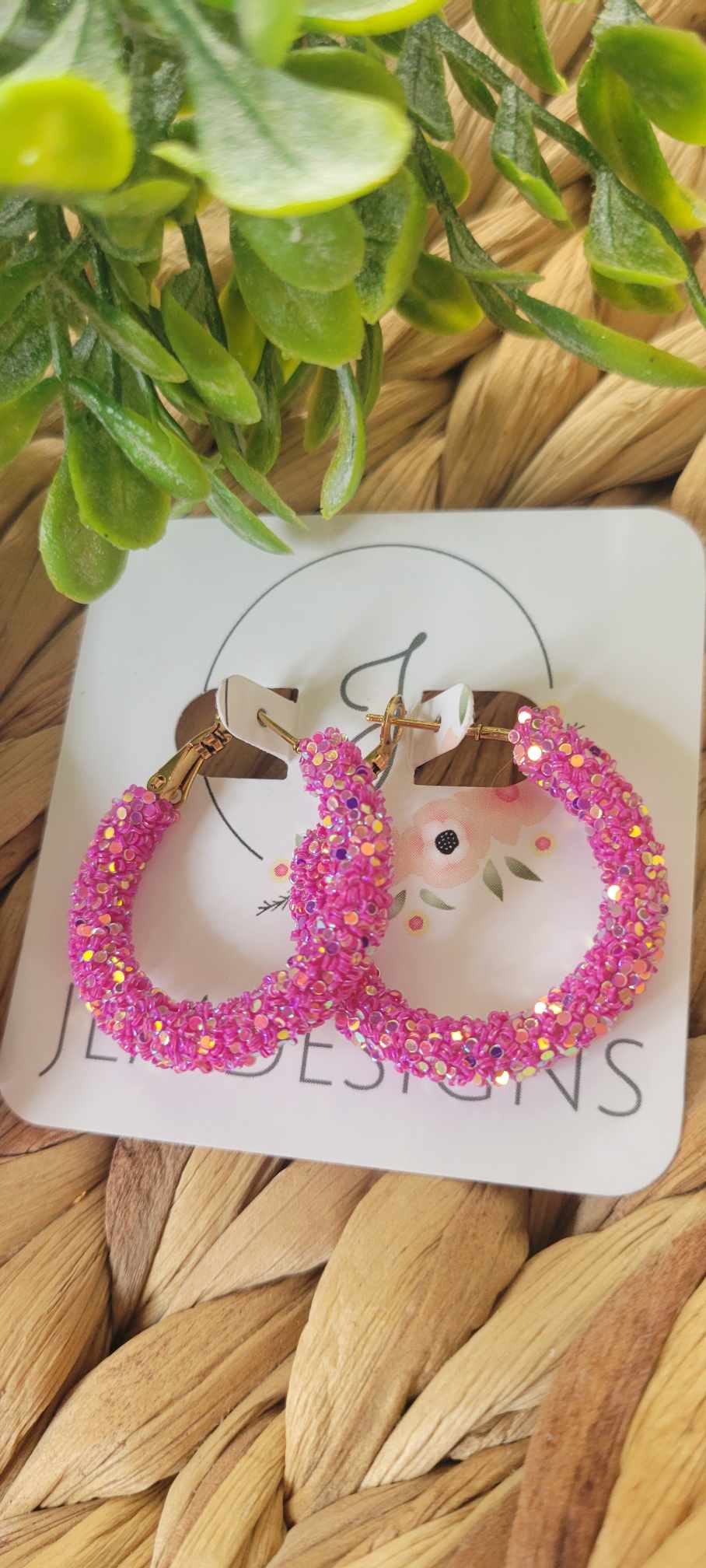 Magenta Glitter Hoop Earrings