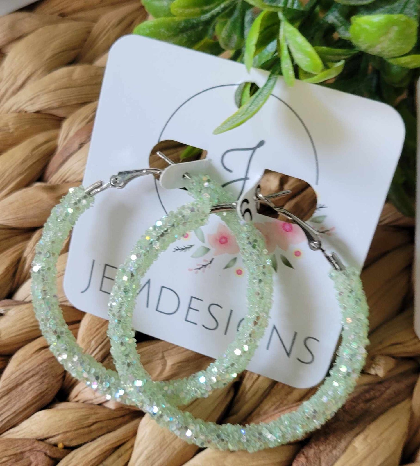 Pastel Green Glitter Hoop Earrings