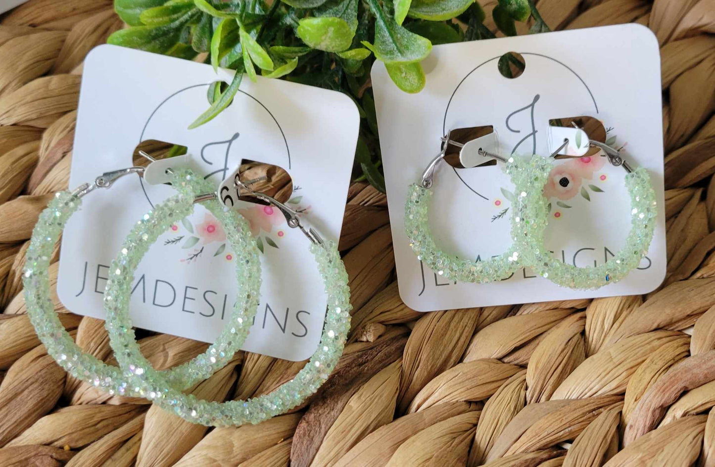 Pastel Green Glitter Hoop Earrings