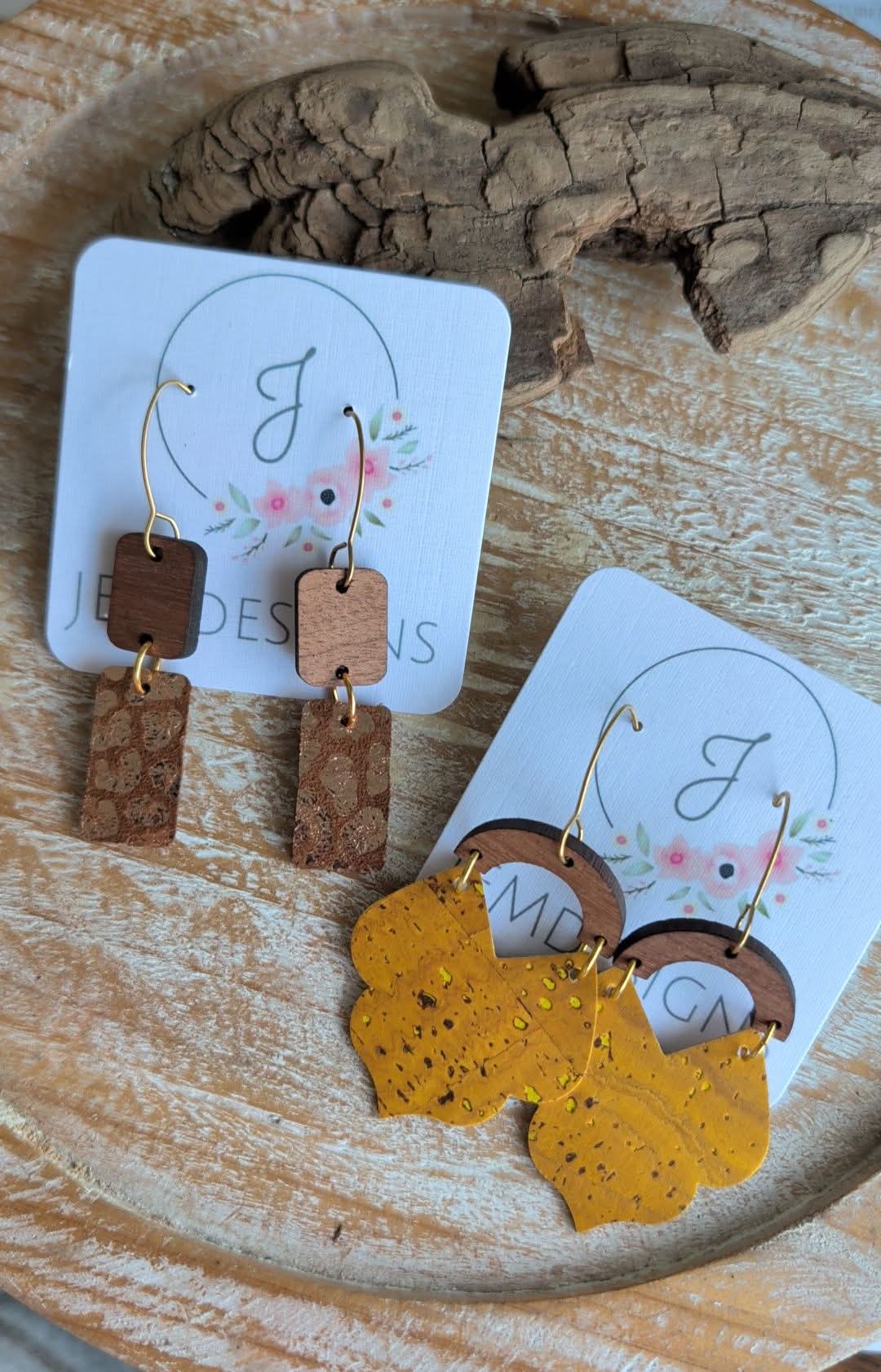 Cheetah leather and wood earrings