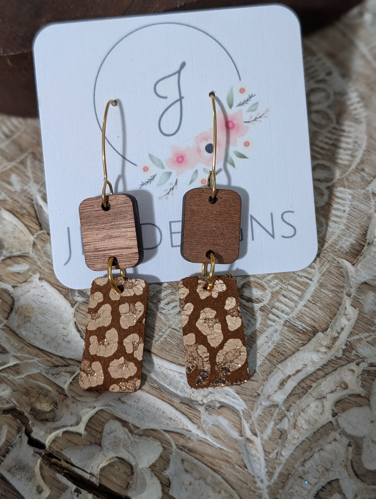 Cheetah leather and wood earrings