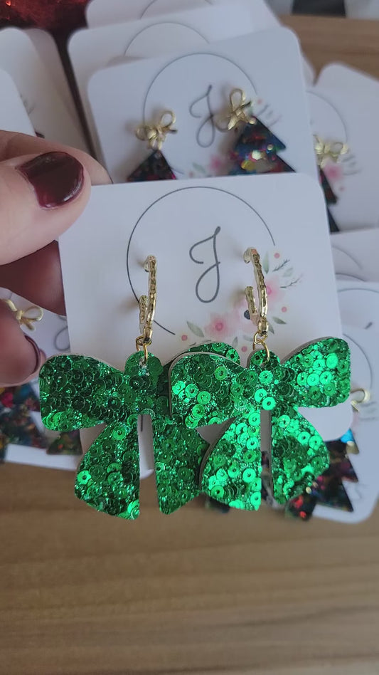 Green Sequin Bow Earrings
