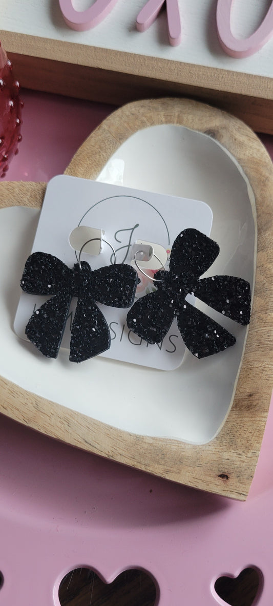 Black Glitter Big Bow Earrings