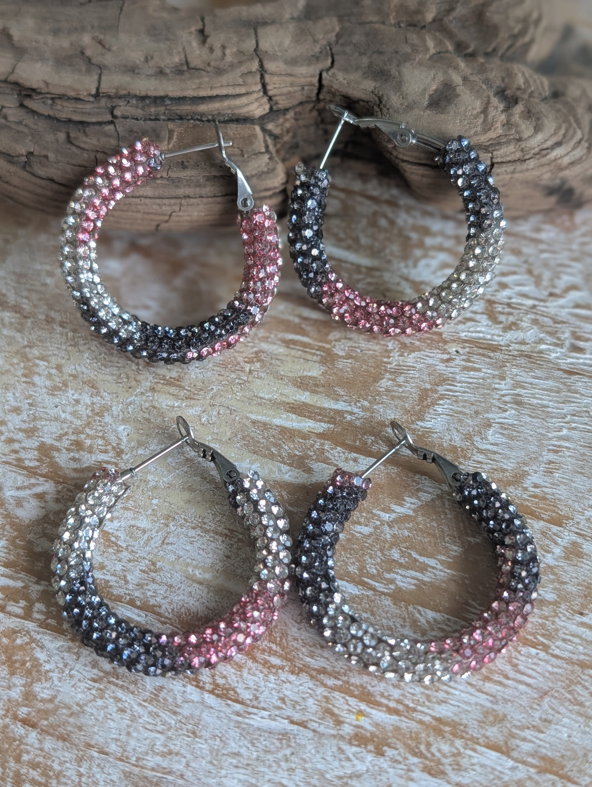 Pink and Black Rhinestone Hoop Earrings