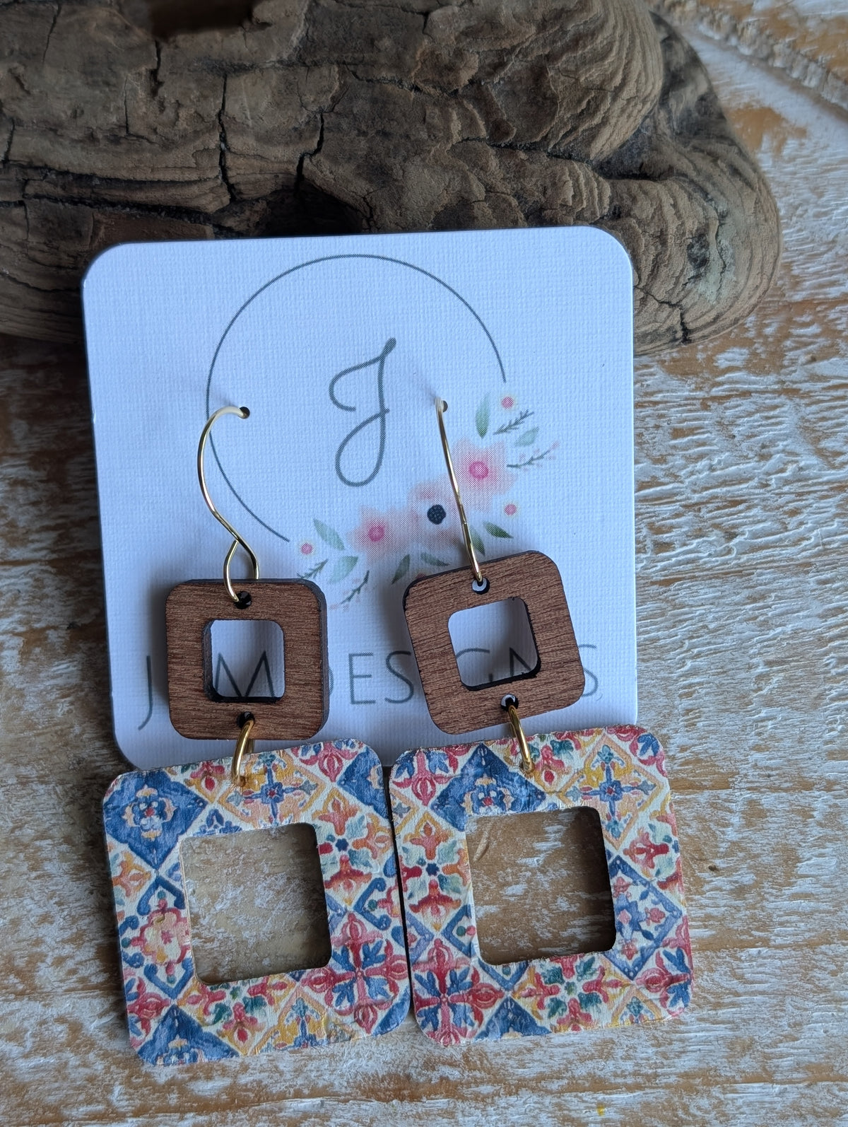 Square cutout leather and wood earrings