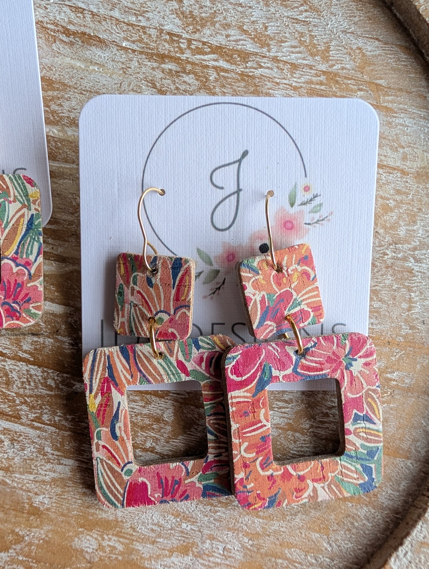 Tropical Floral Square Cork Earrings