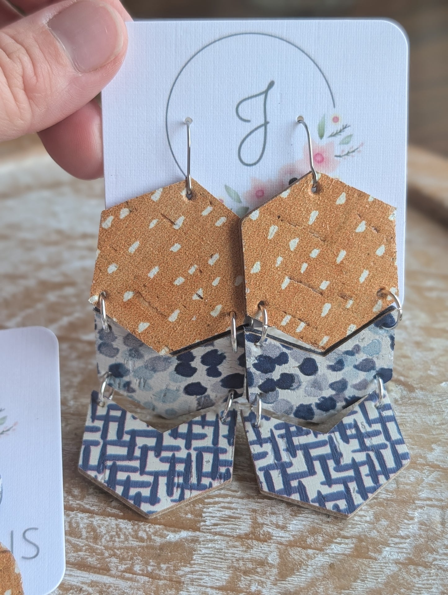 Gold and Blue Cork Earrings