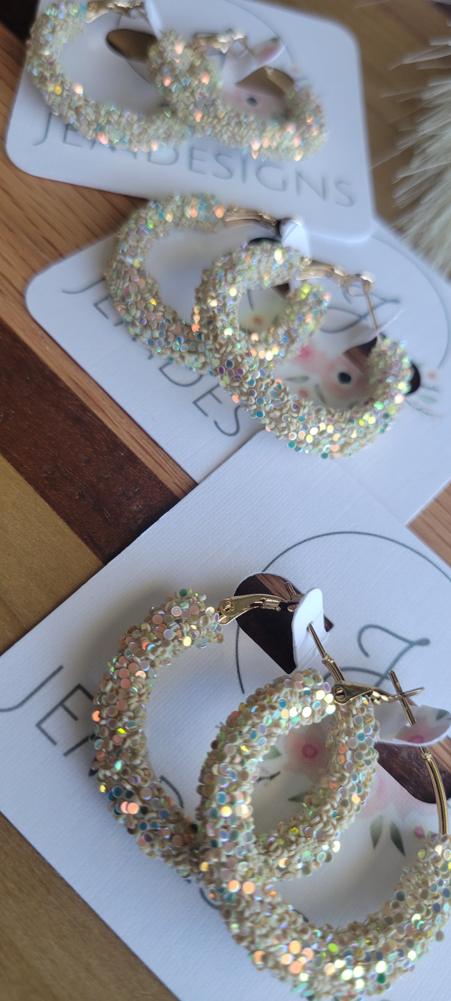 Beige Glitter Hoop Earrings