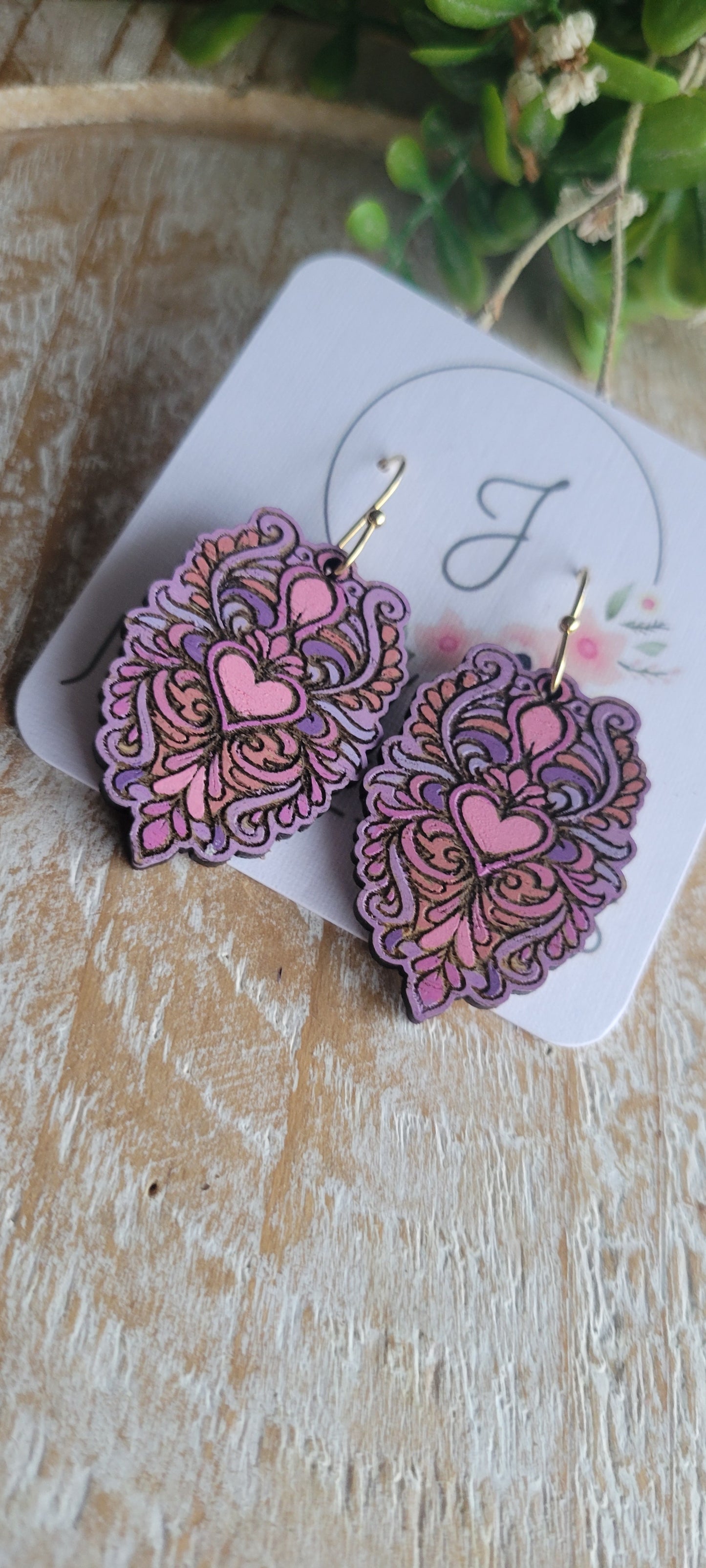 Heart Scroll Wood Earrings