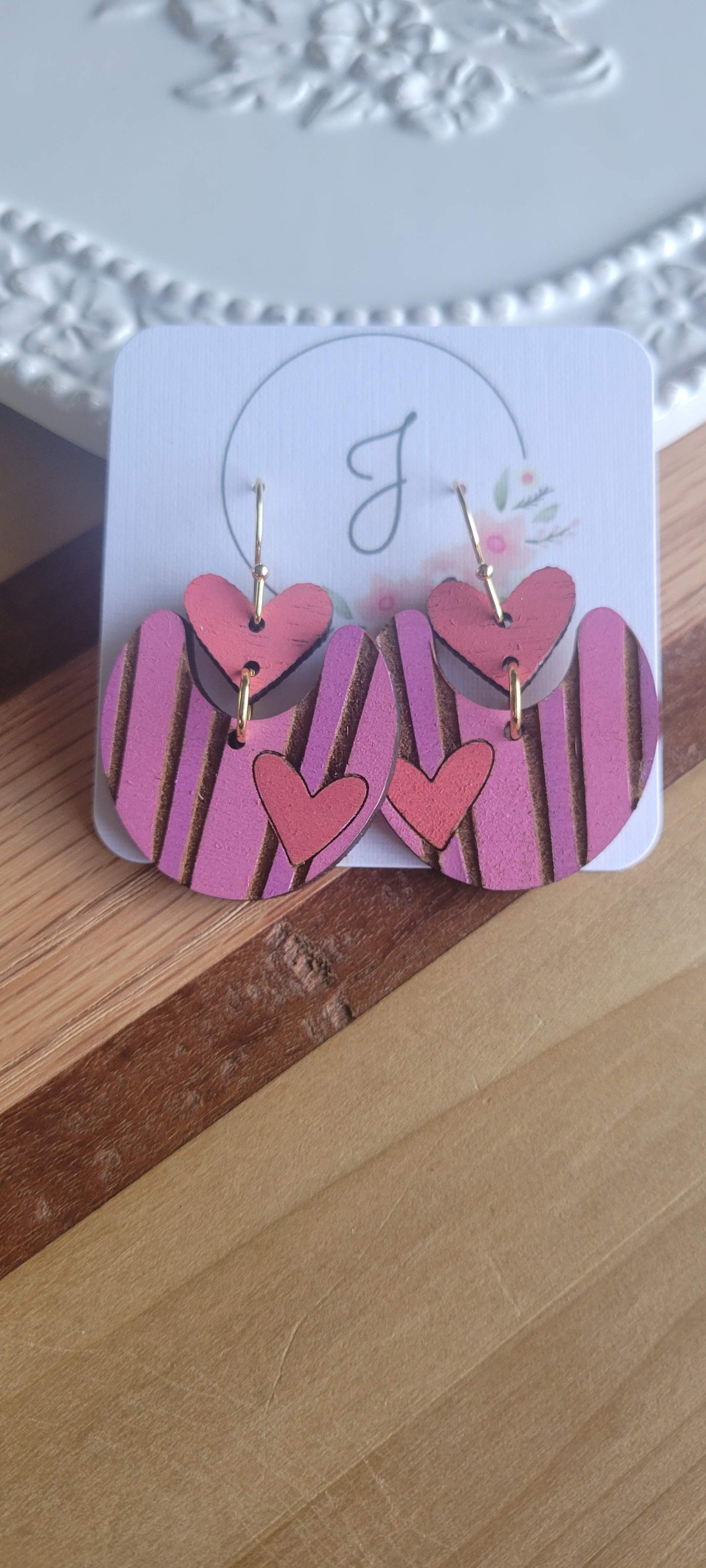 Painted Heart Wood Earrings