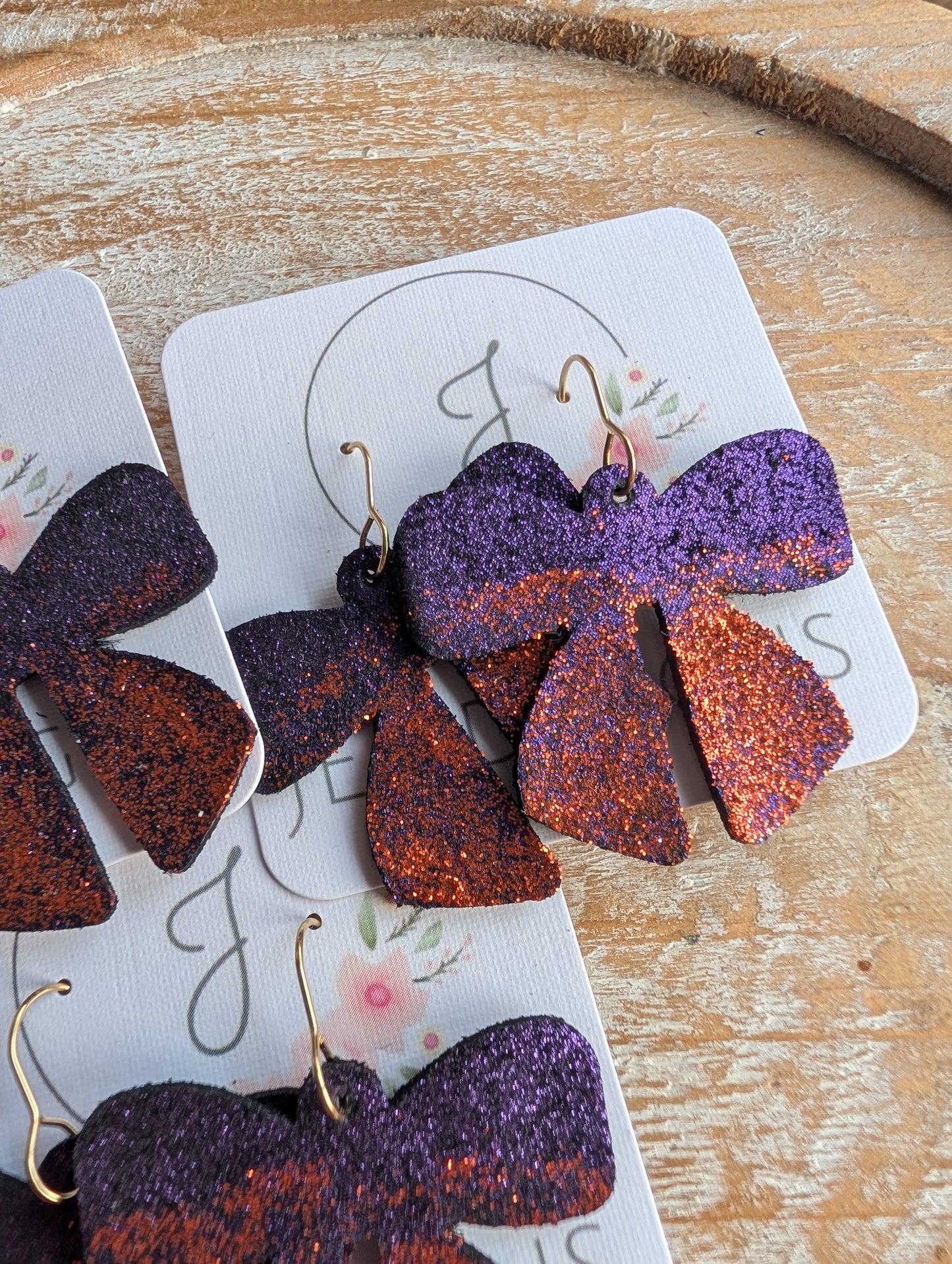 Purple and Orange Glitter Bow Earrings