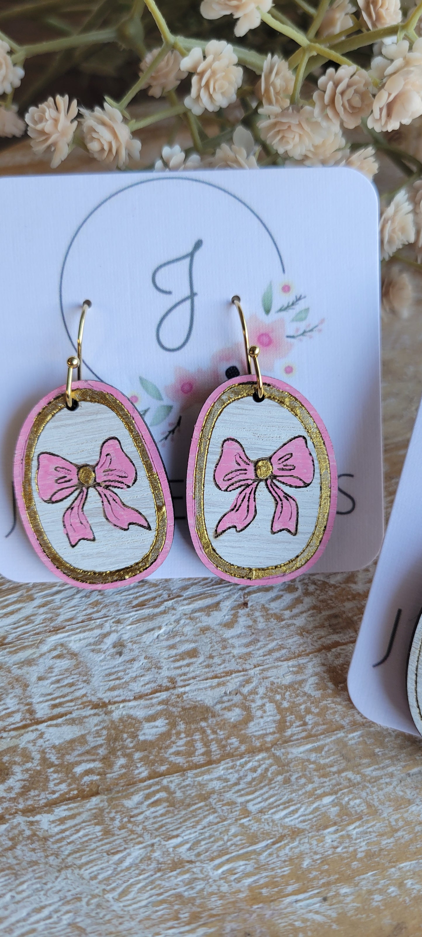 Pink Bow Wooden Earrings