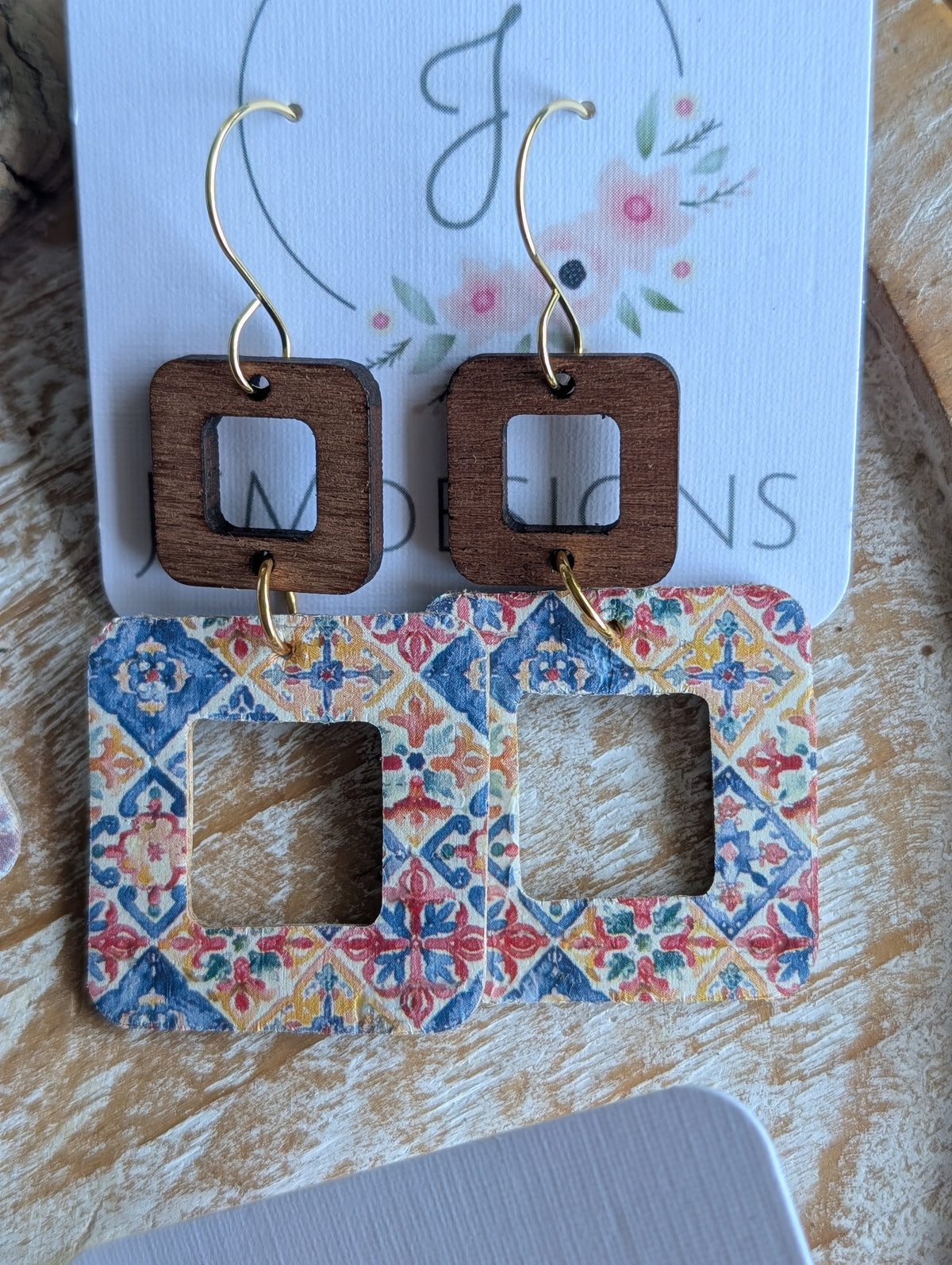 Square cutout leather and wood earrings