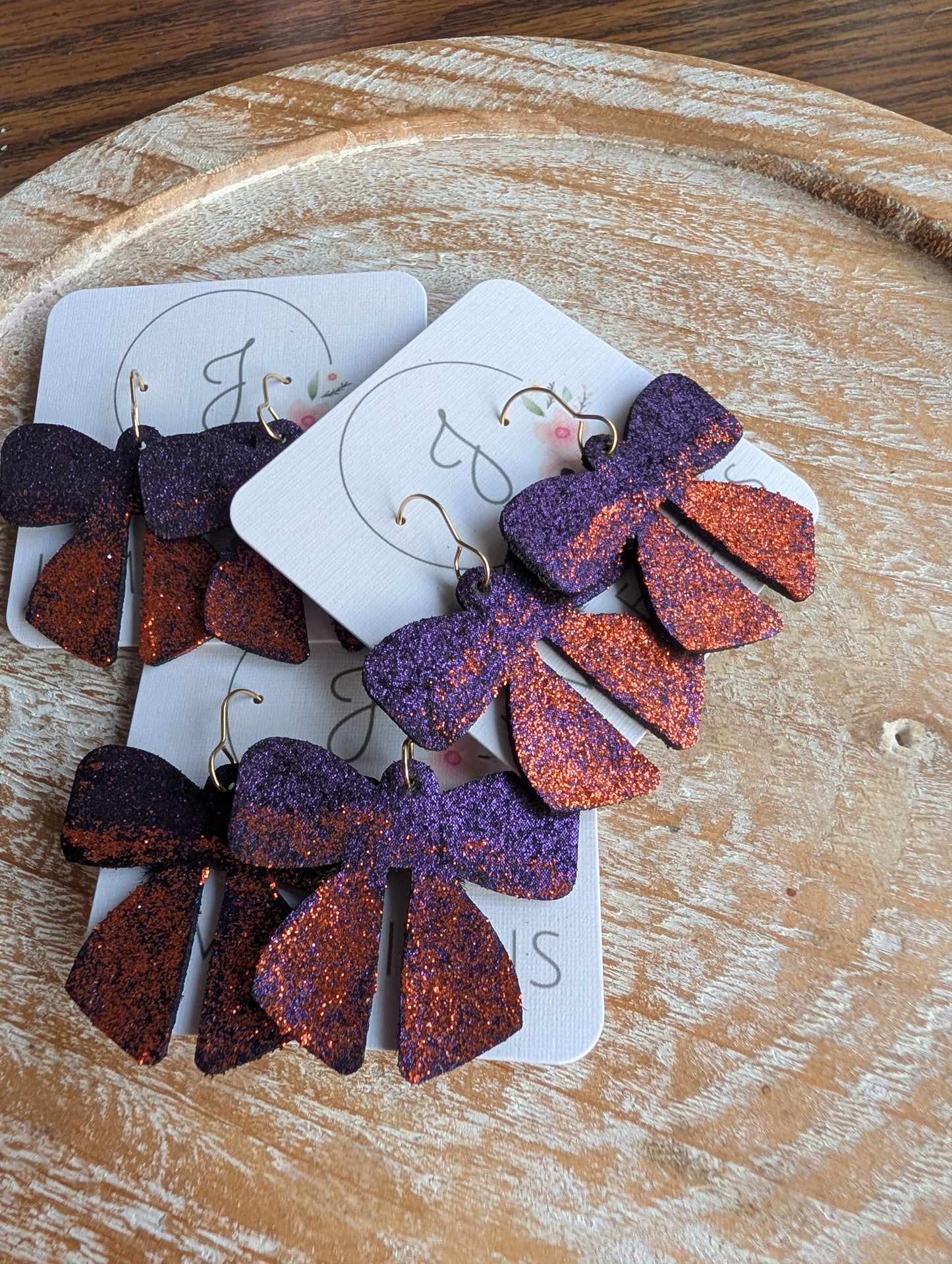 Purple and Orange Glitter Bow Earrings