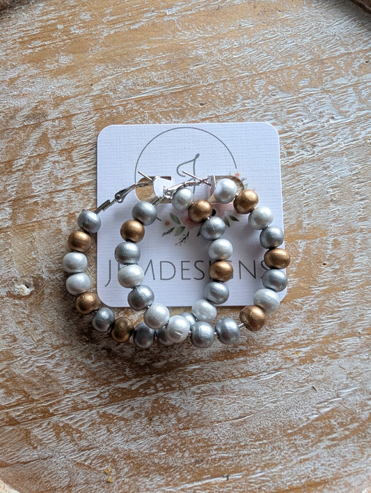 Mixed Metals Wood Bead Hoop Earrings
