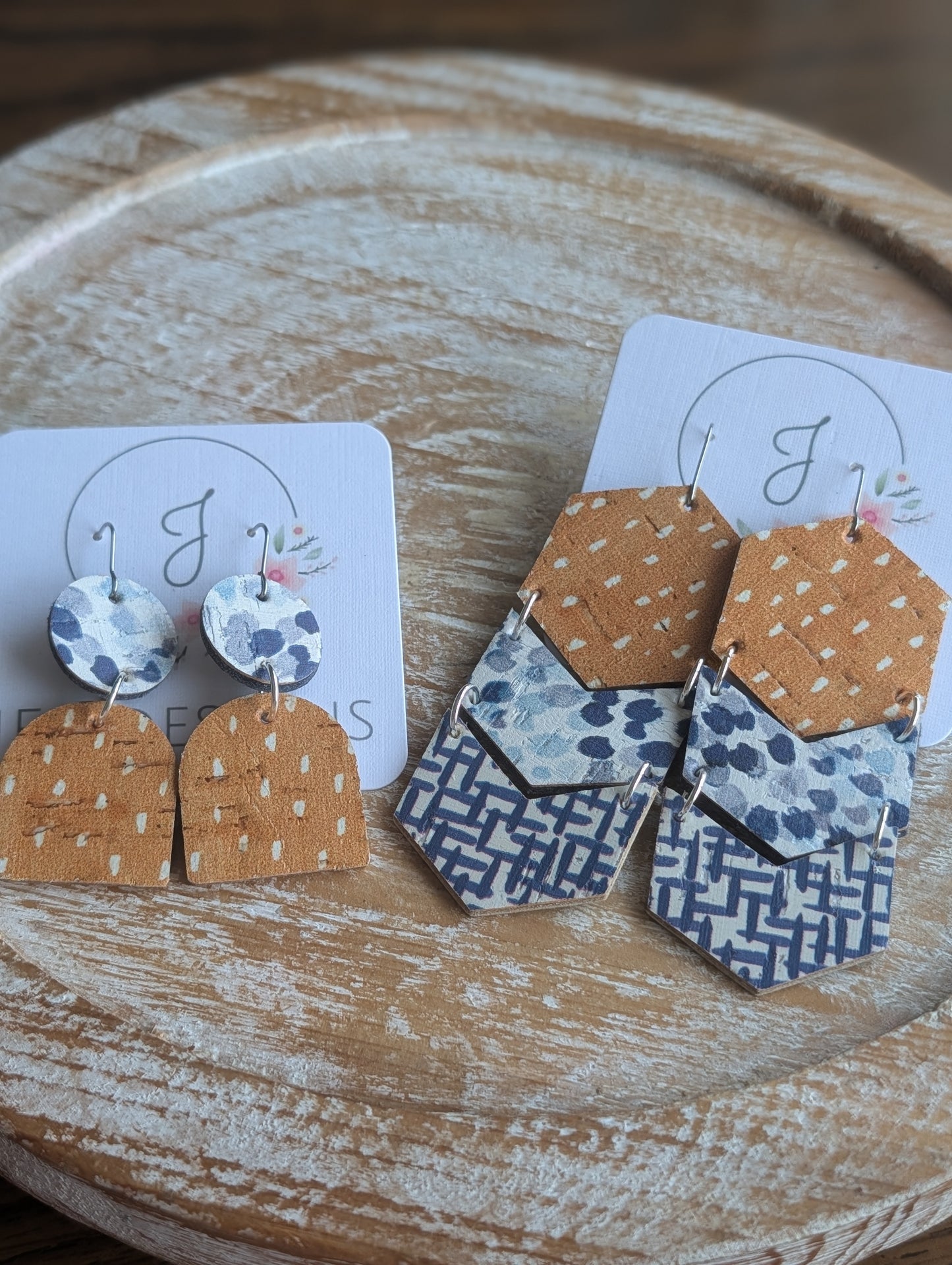 Gold and Blue Cork Earrings
