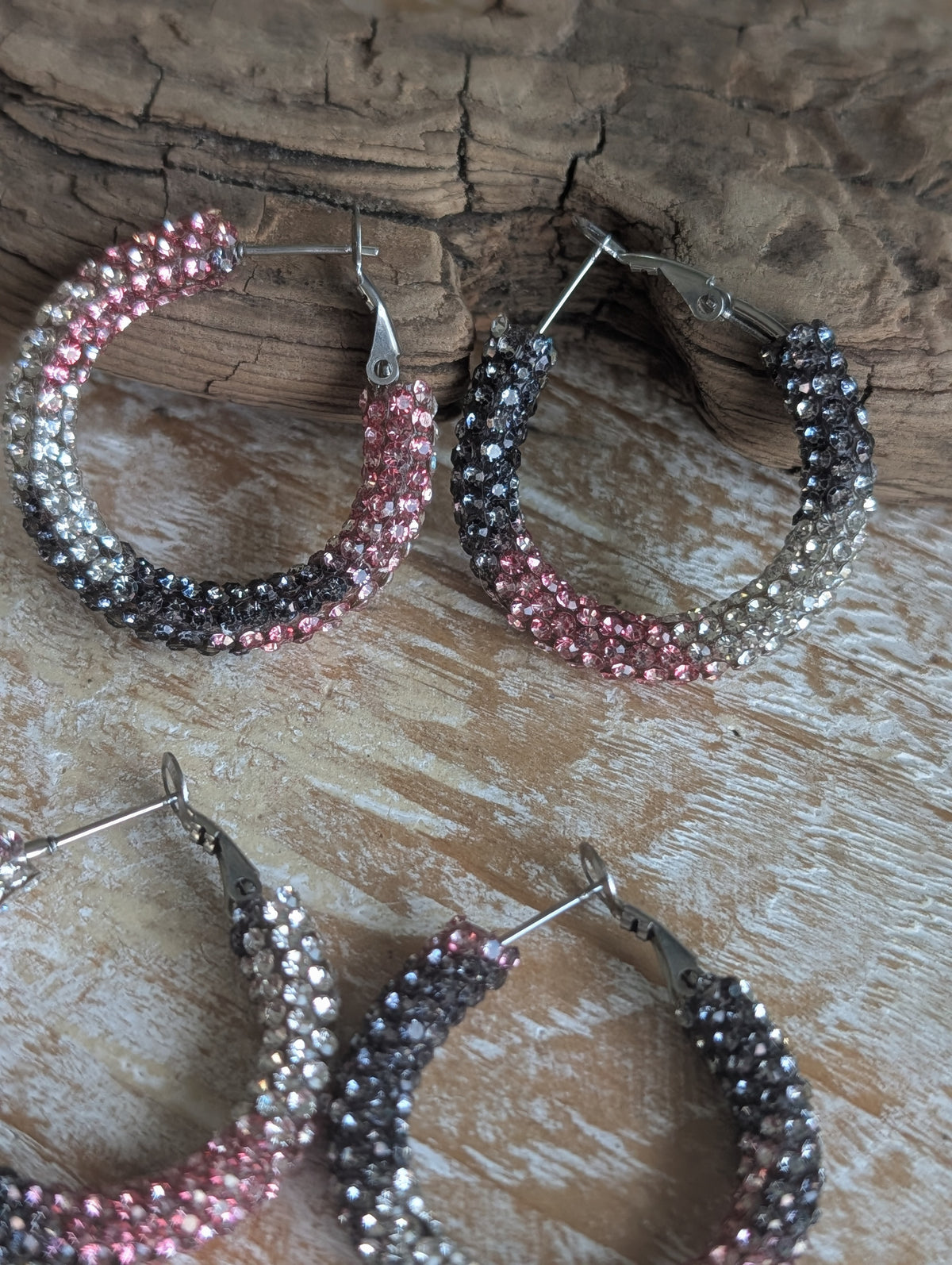 Pink and Black Rhinestone Hoop Earrings