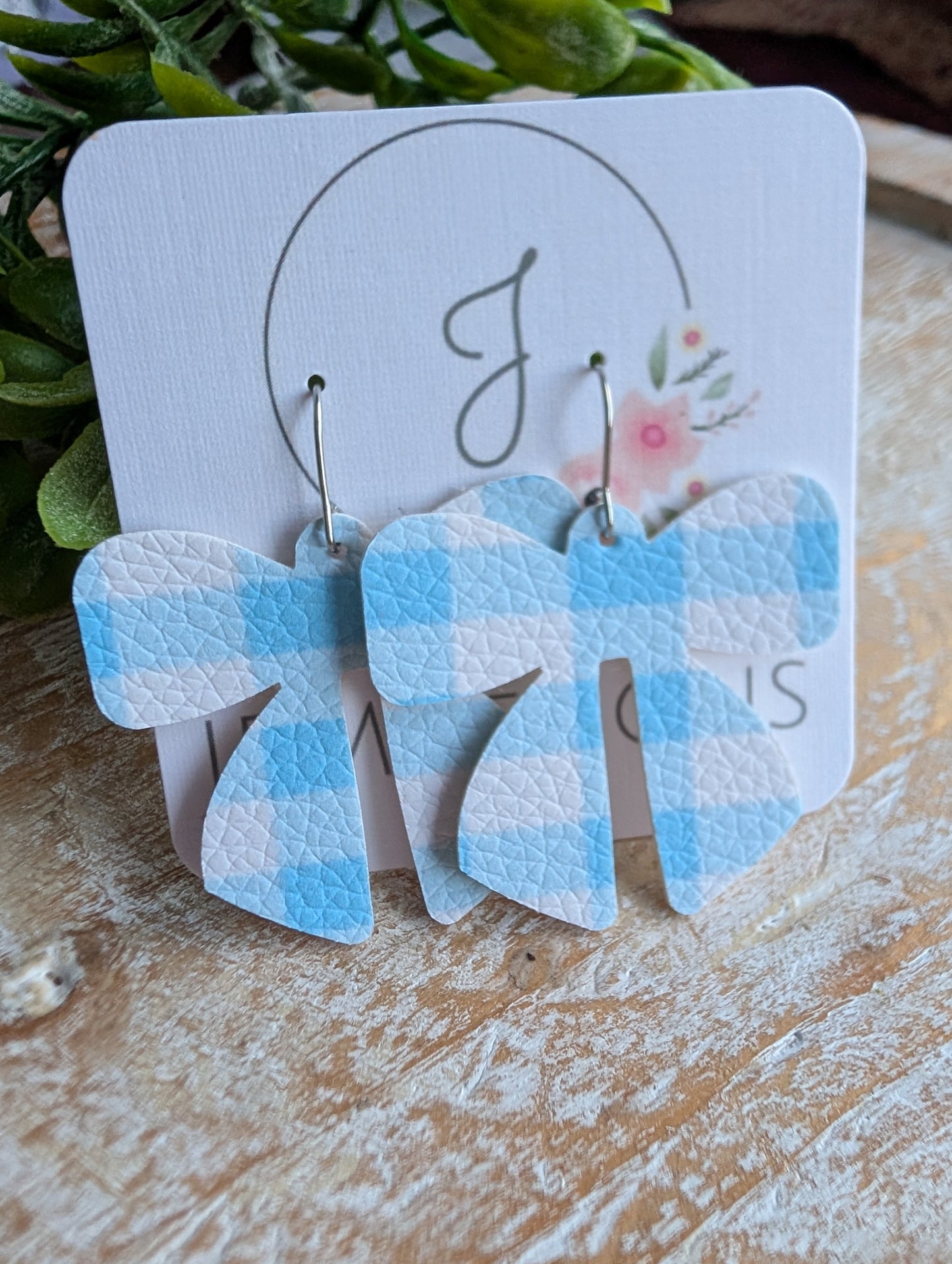 Blue Gingham Bow Earrings