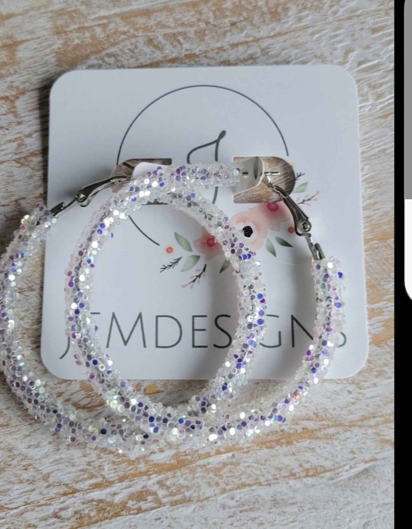 White Iridescent Glitter Hoop Earrings