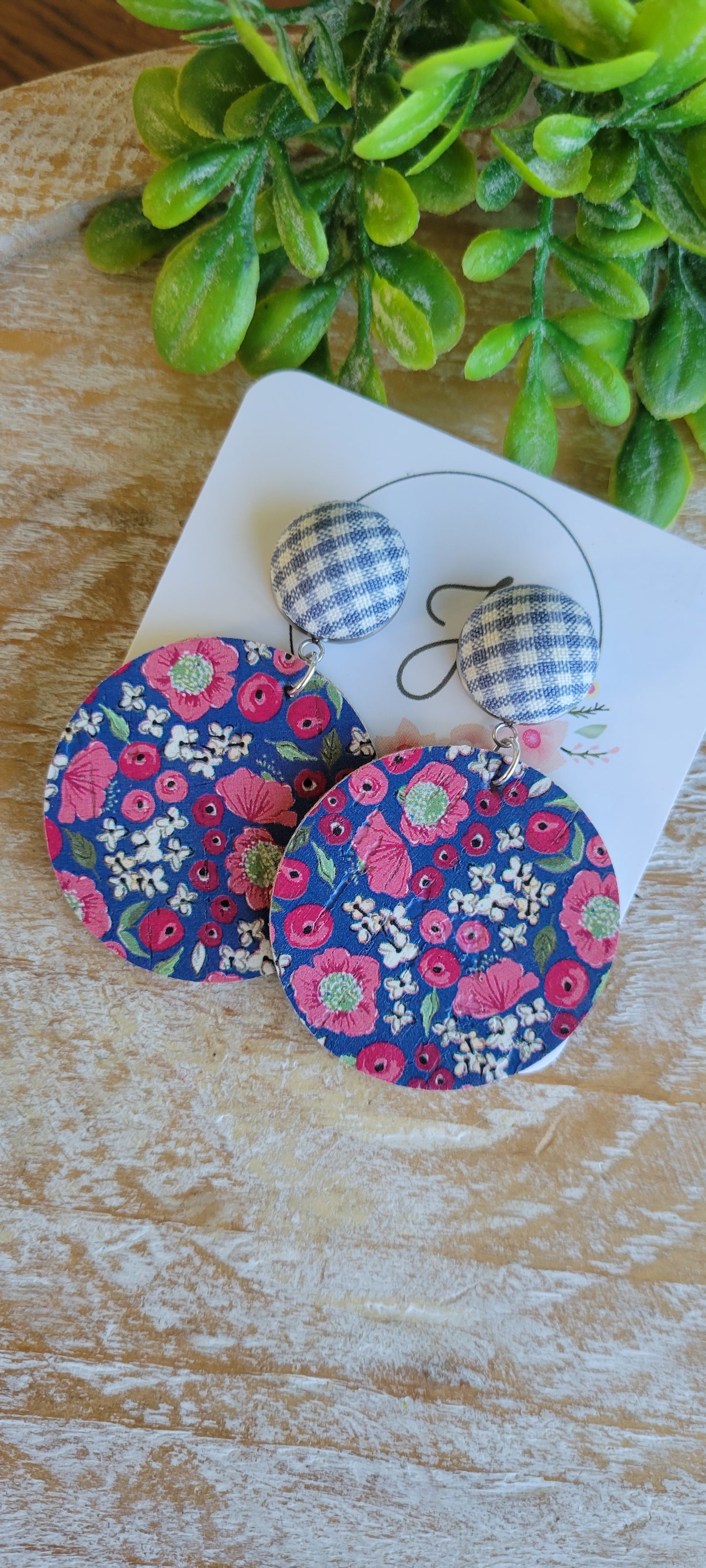 Floral and Gingham Cork Leather Earrings