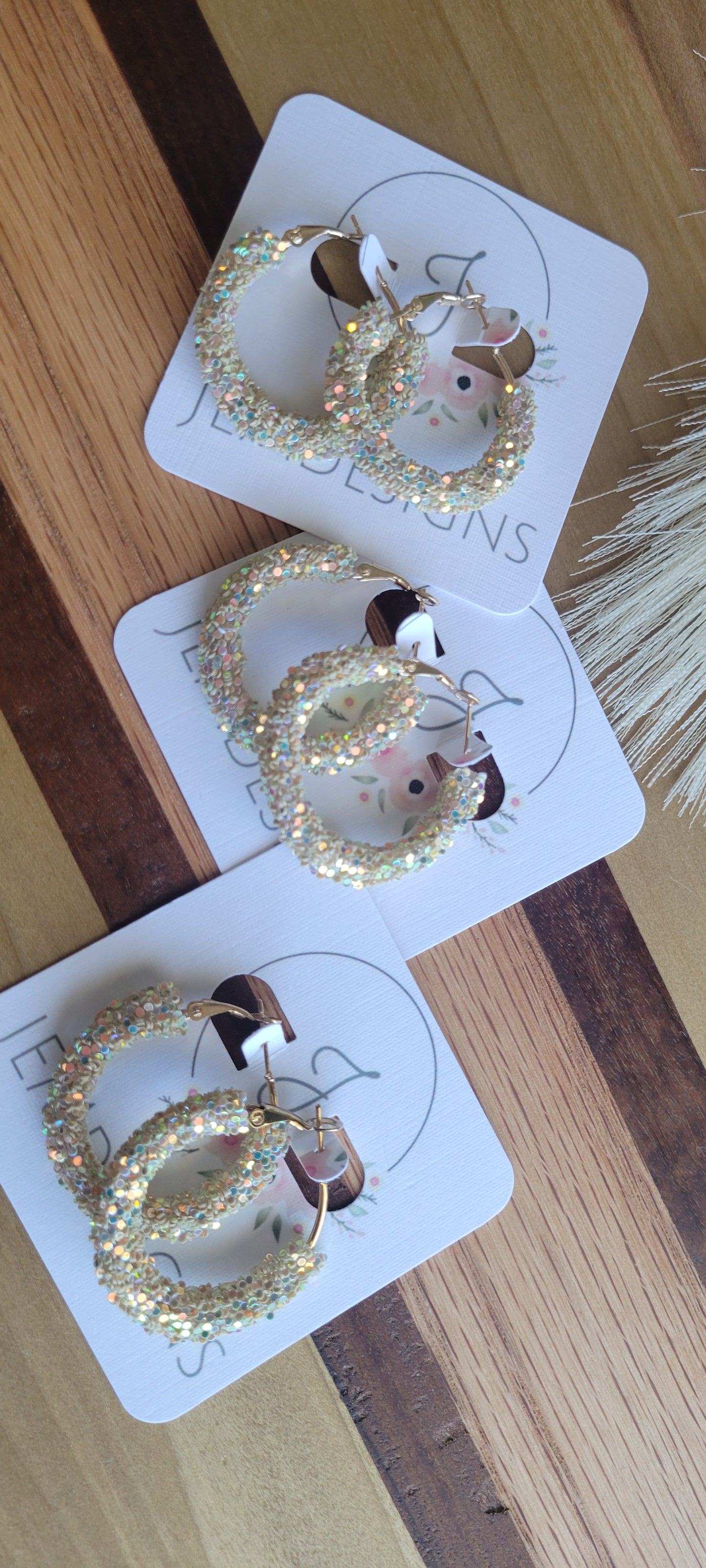 Beige Glitter Hoop Earrings