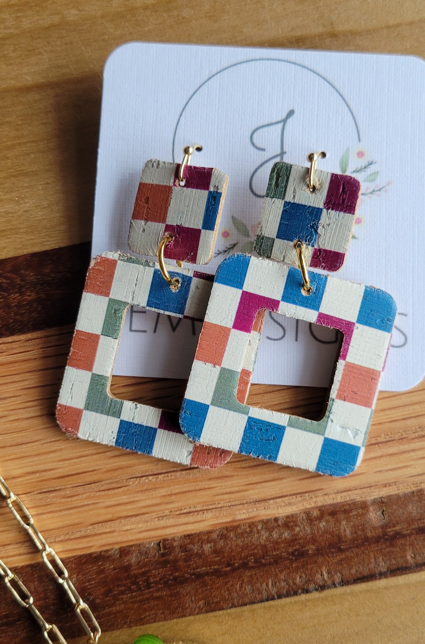 Checkered Cork Necklace and Earrings