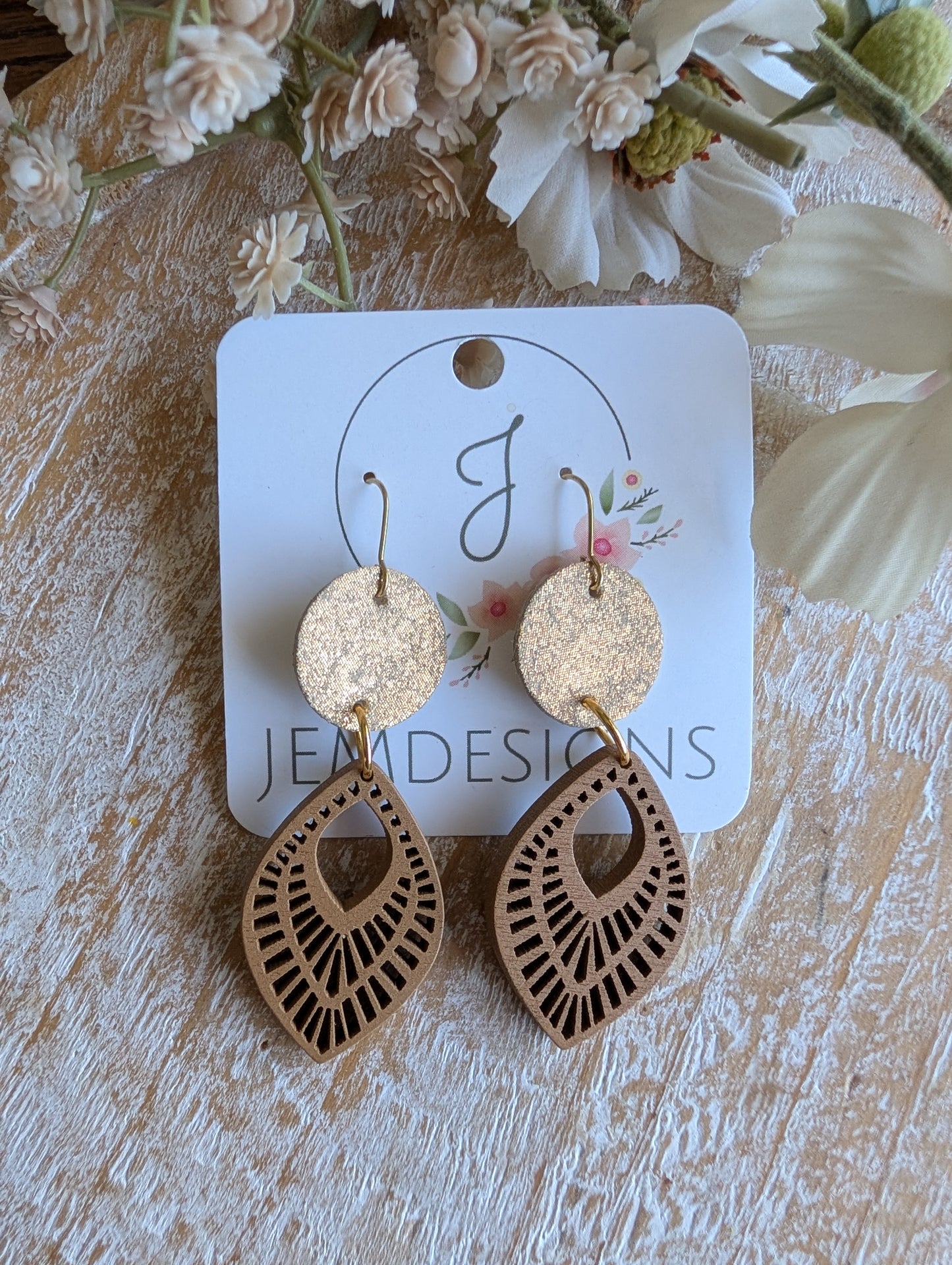 Guilded Wood and Leather Earrings
