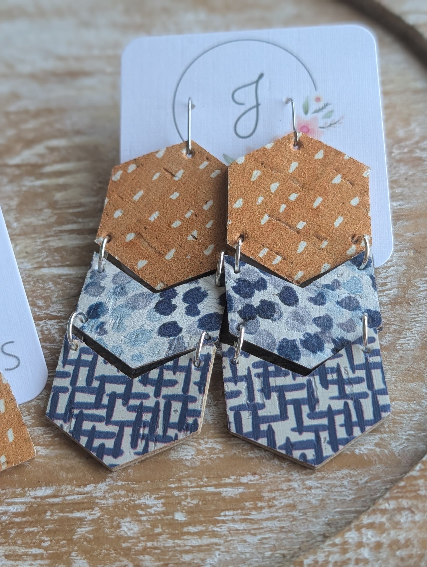 Gold and Blue Cork Earrings