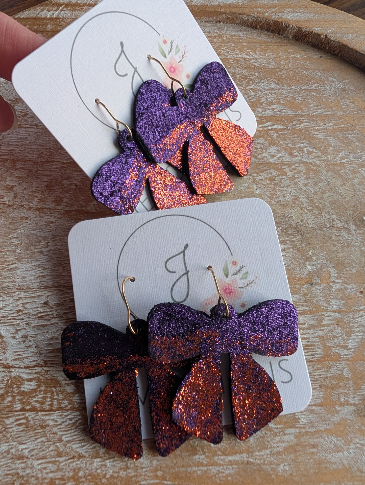 Purple and Orange Glitter Bow Earrings