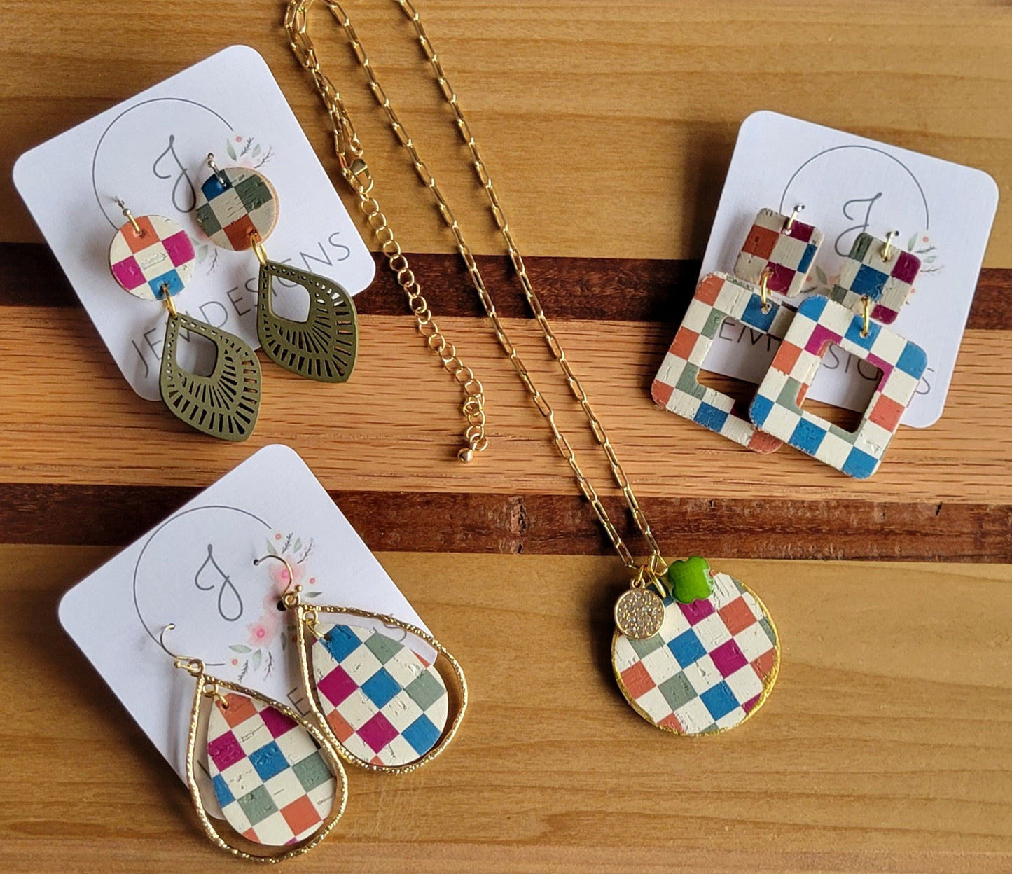 Checkered Cork Necklace and Earrings