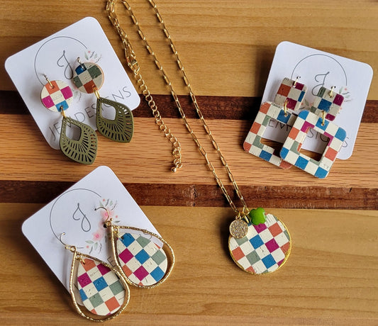 Checkered Cork Necklace and Earrings