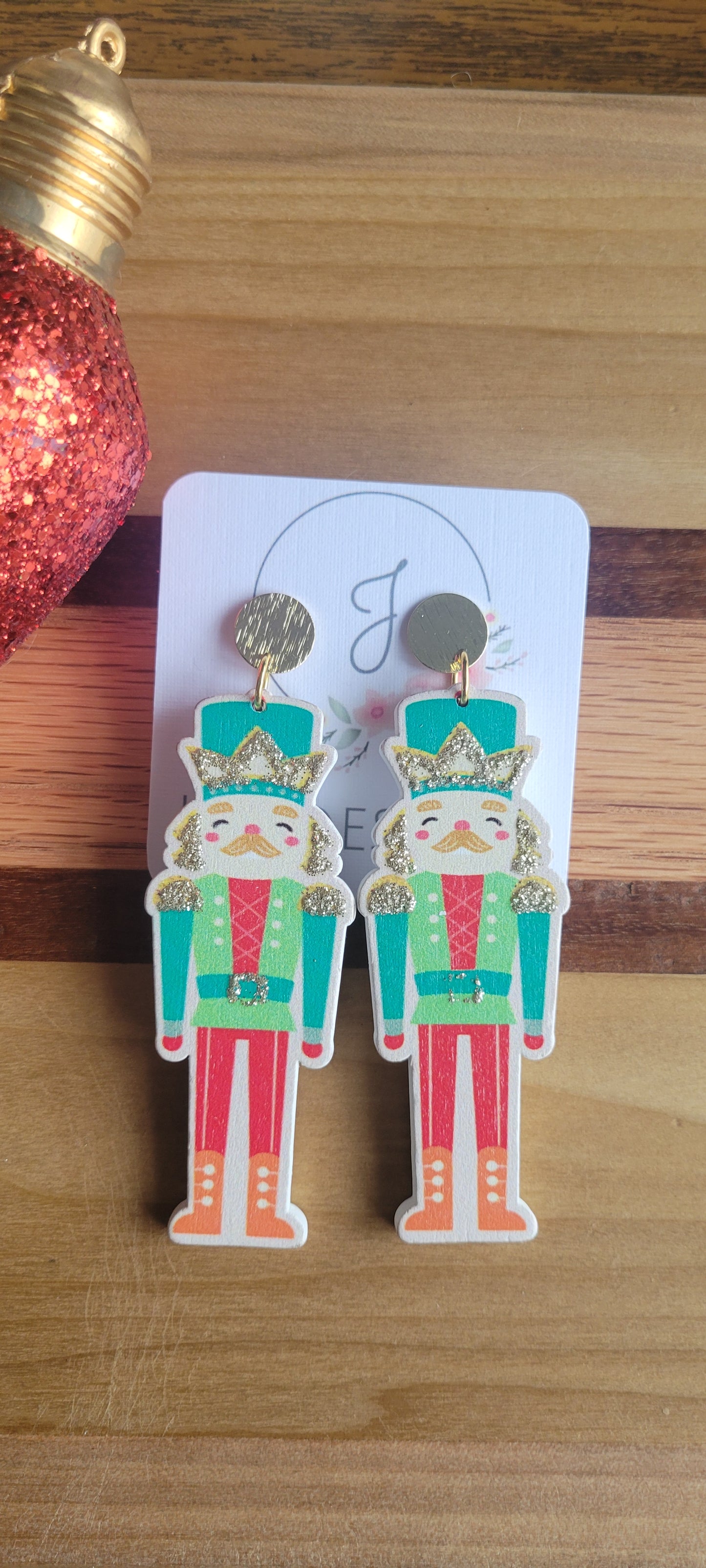 Gold Top Green Holiday Nutcracker Earrings