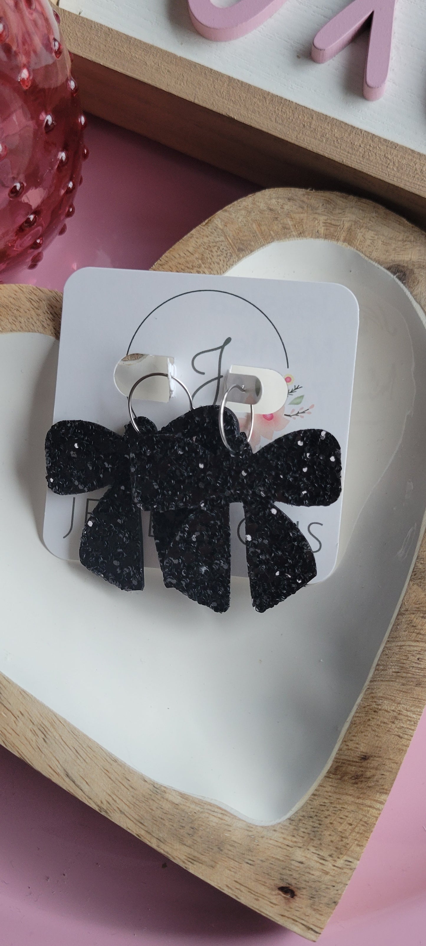 Black Glitter Big Bow Earrings