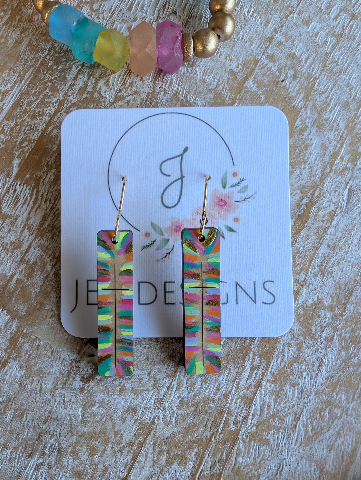 Hand-Painted Wood Cross Bar Earrings