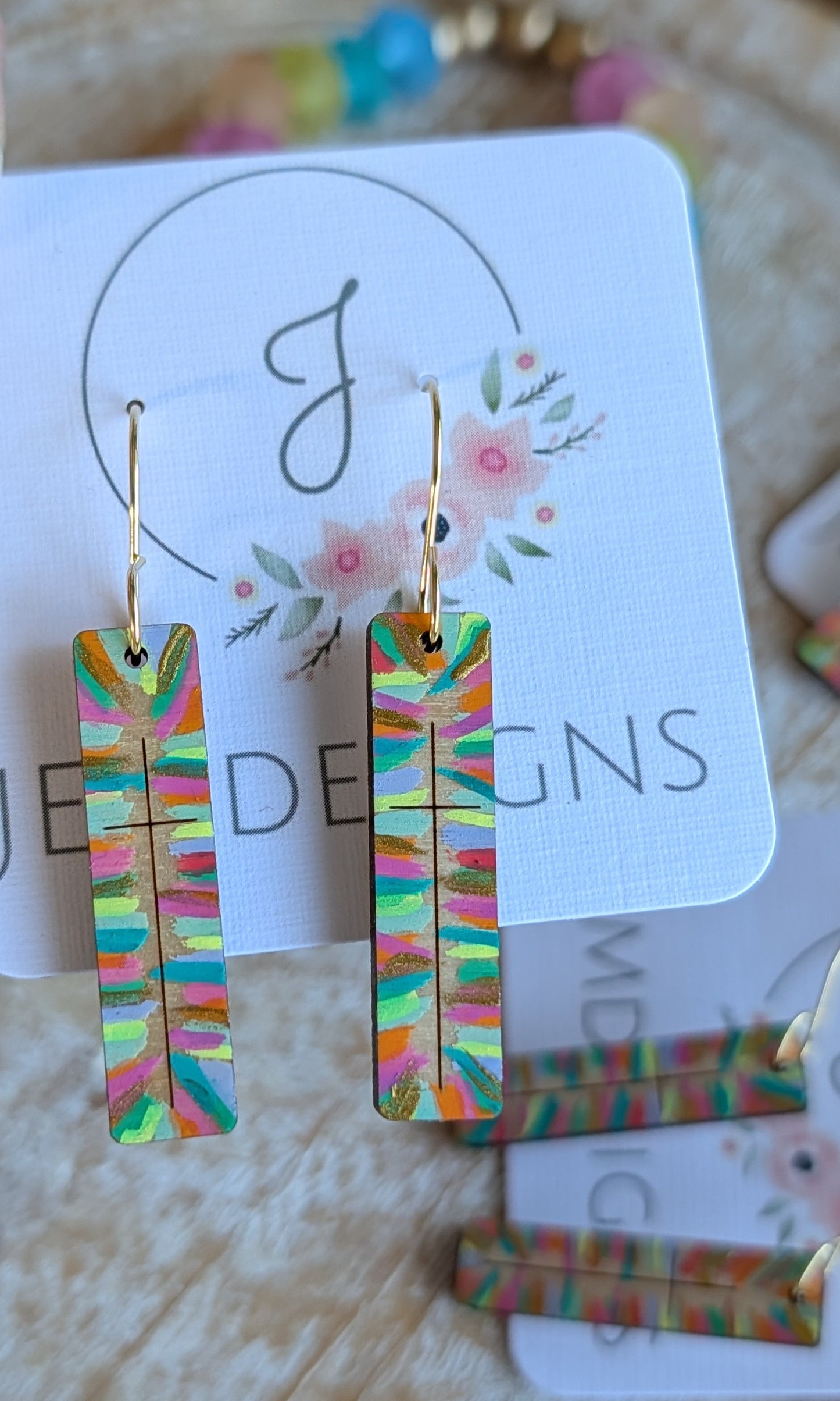 Hand-Painted Wood Cross Bar Earrings