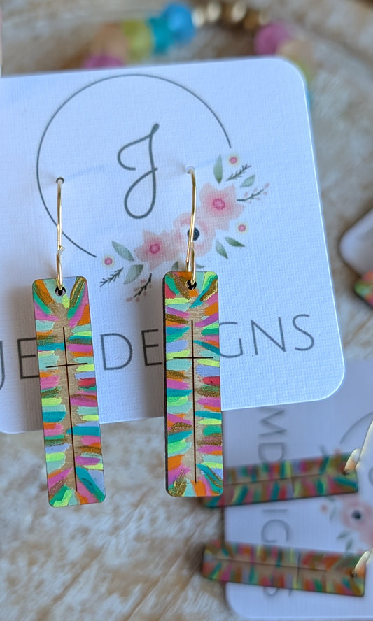 Hand-Painted Wood Cross Bar Earrings