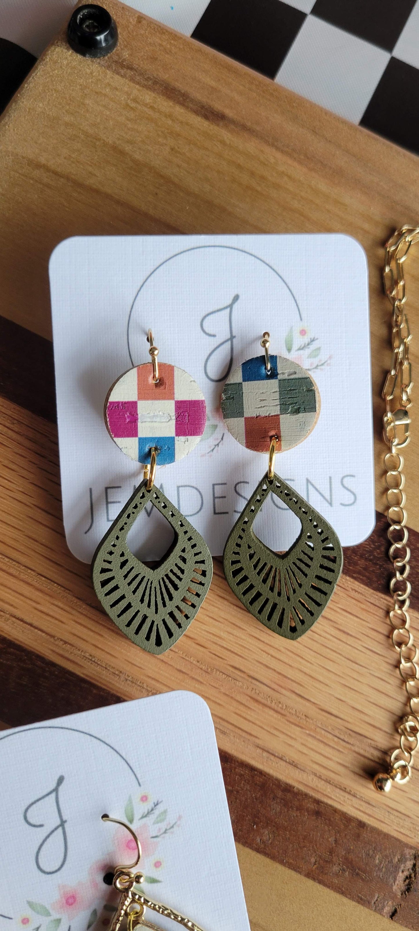 Checkered Cork Necklace and Earrings