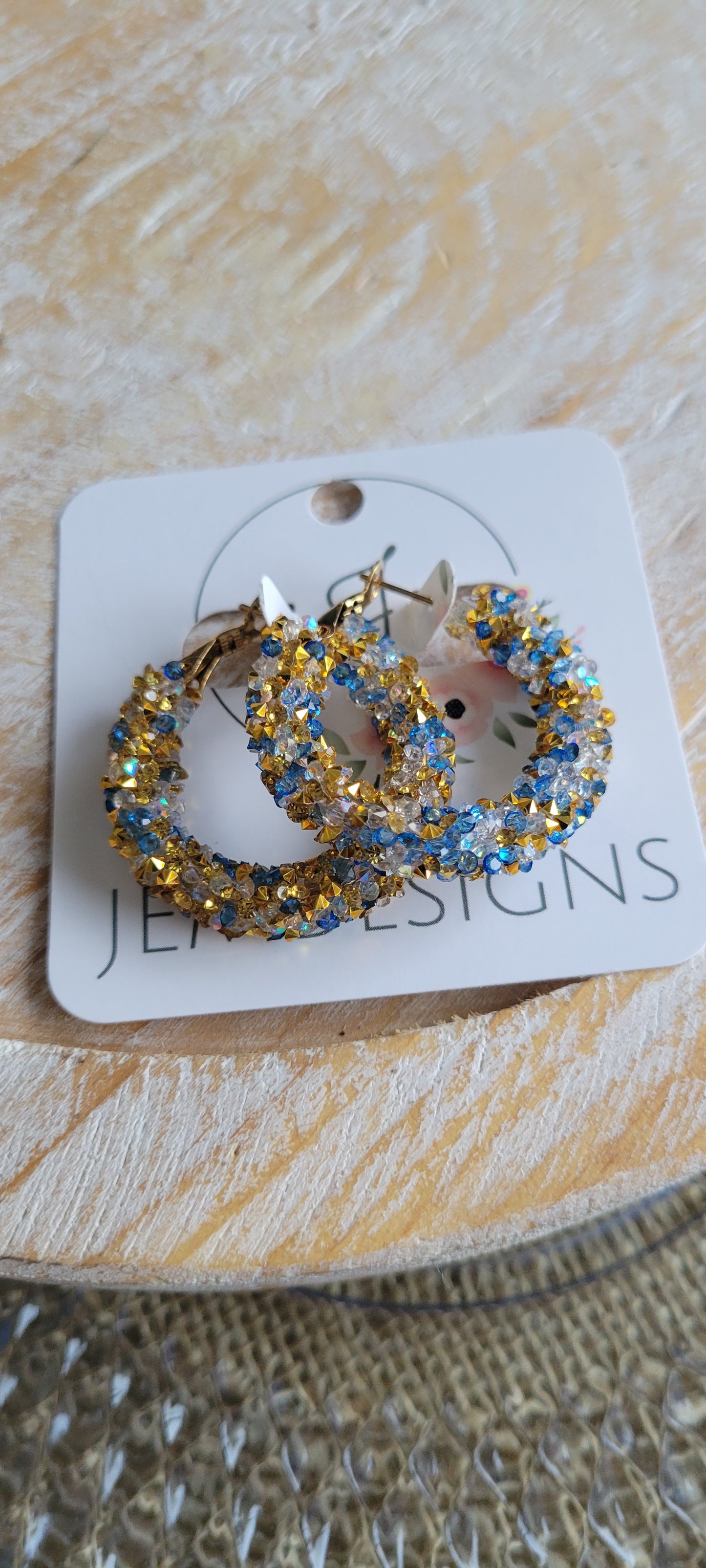Blue and Gold Glitter Hoop Earrings