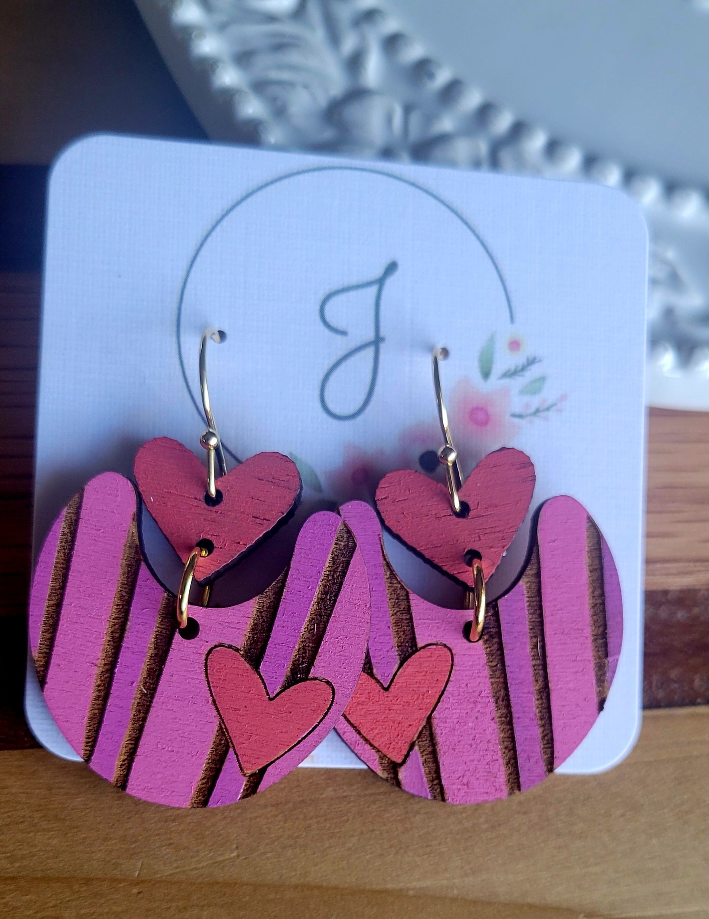 Painted Heart Wood Earrings