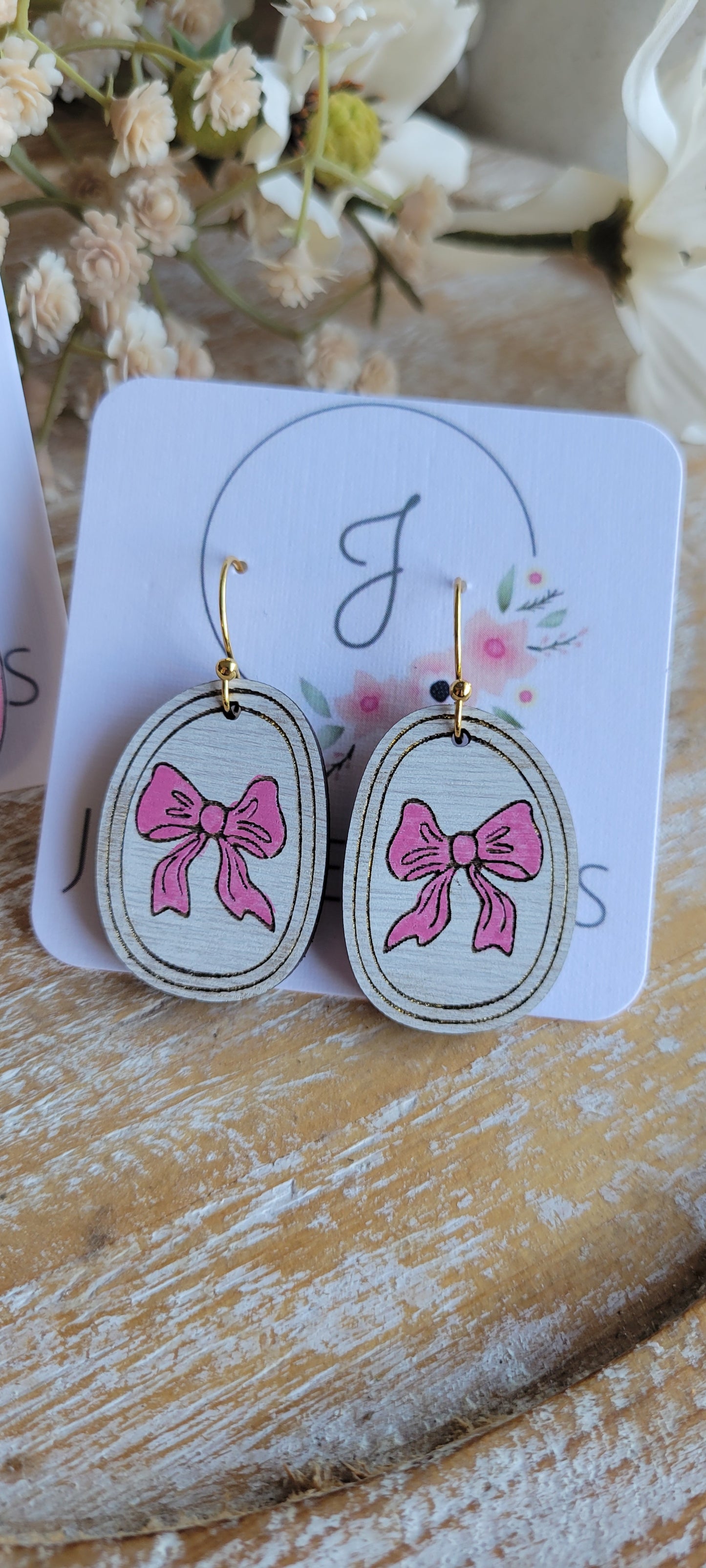 Pink Bow Wooden Earrings