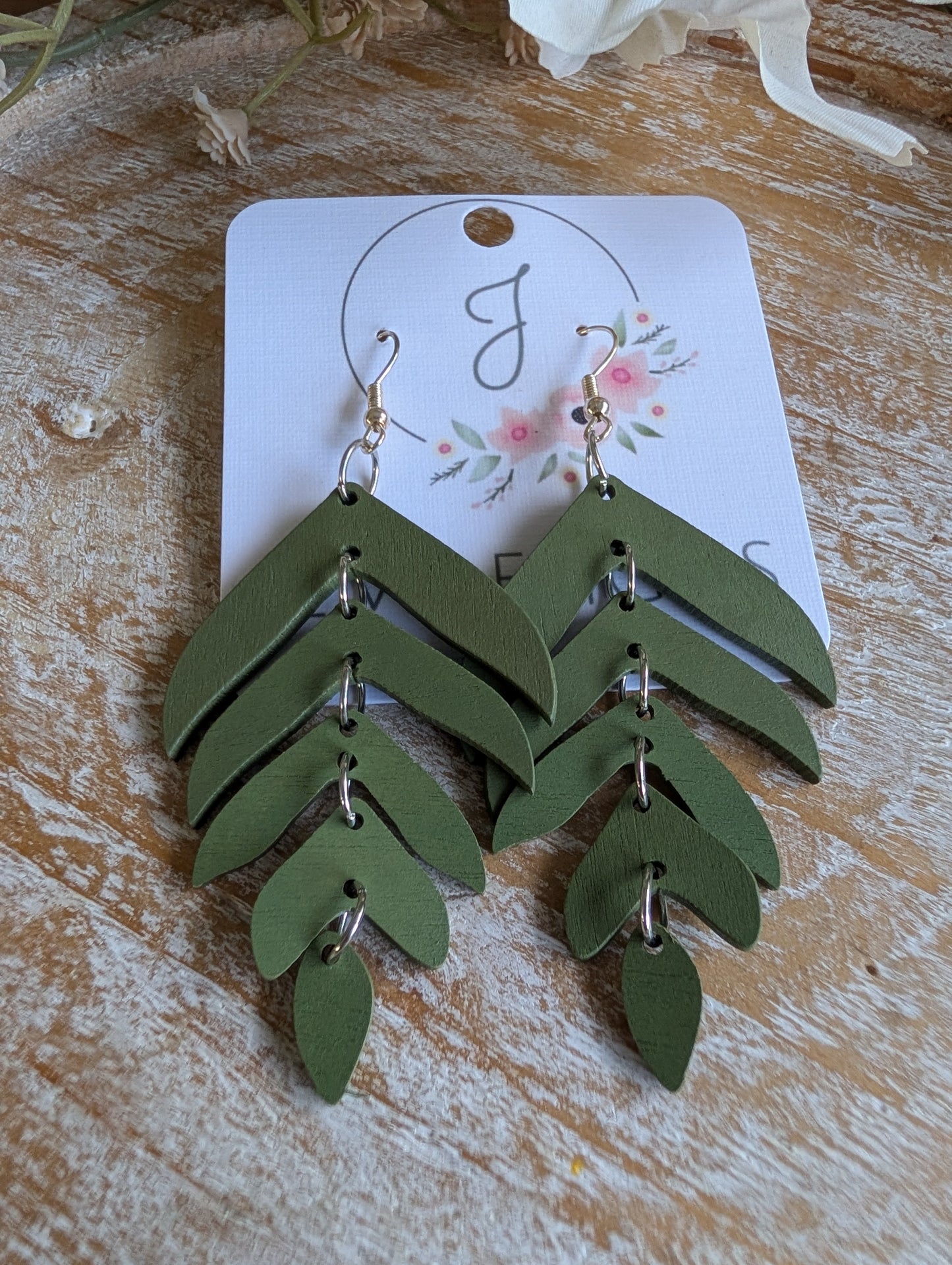 Olive Leaf Tiered Wood Earrings