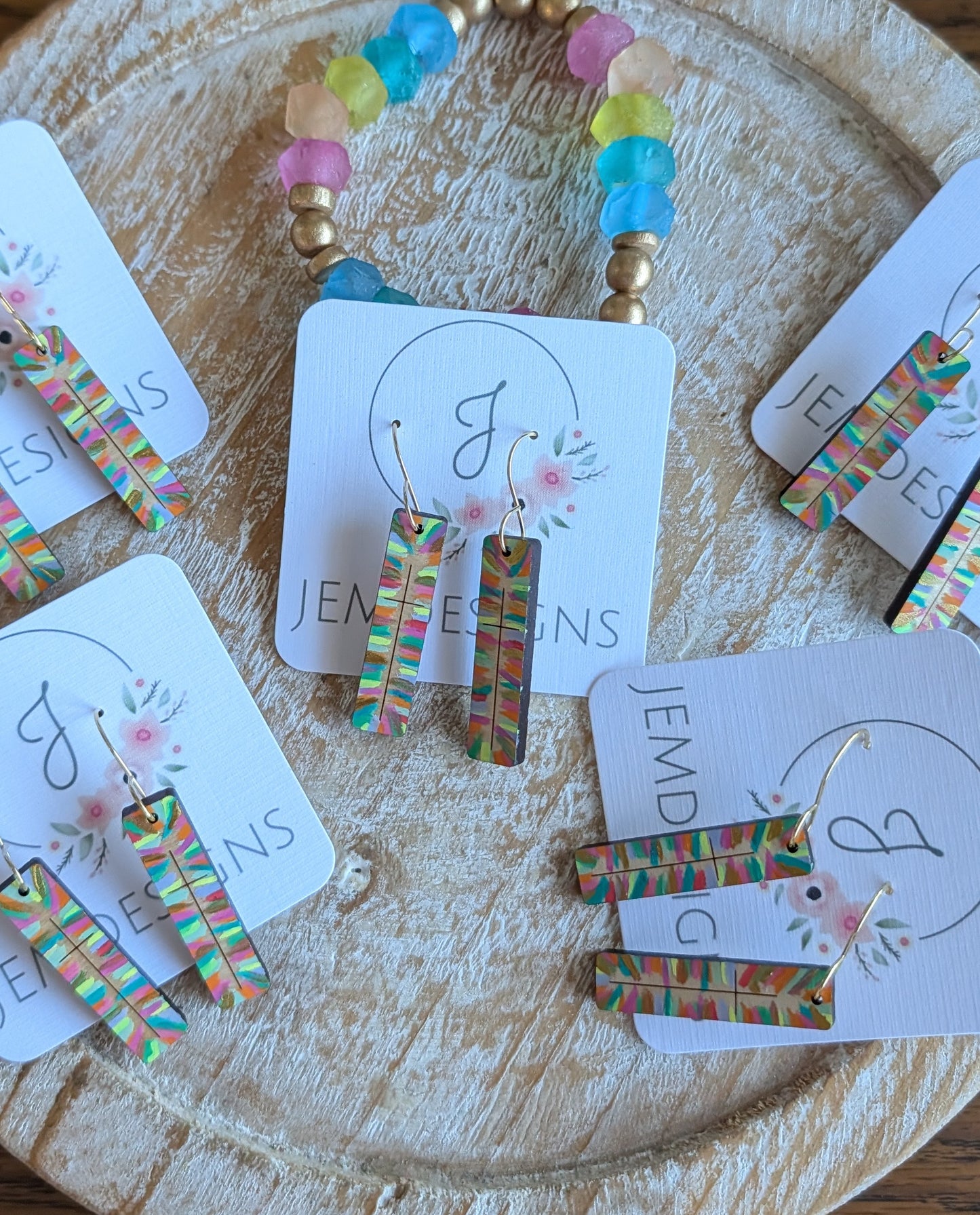 Hand-Painted Wood Cross Bar Earrings