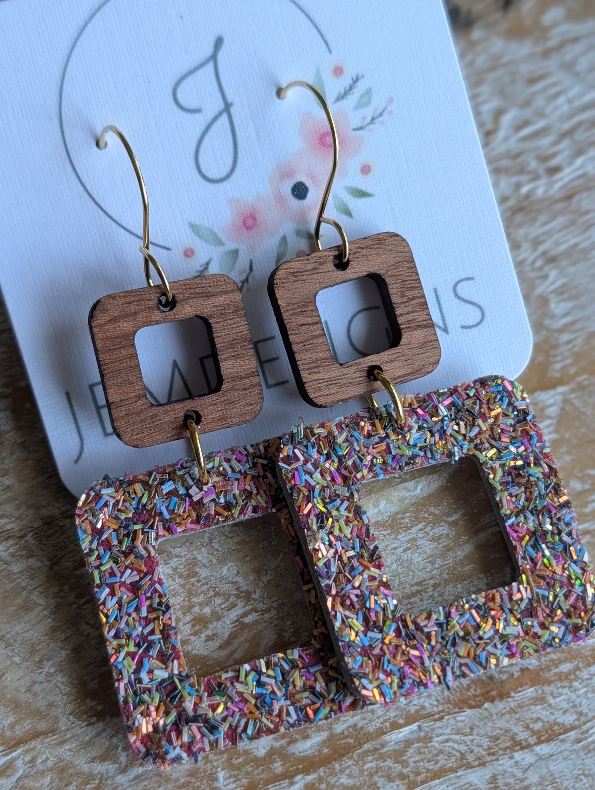 Square cutout wood and leather earrings