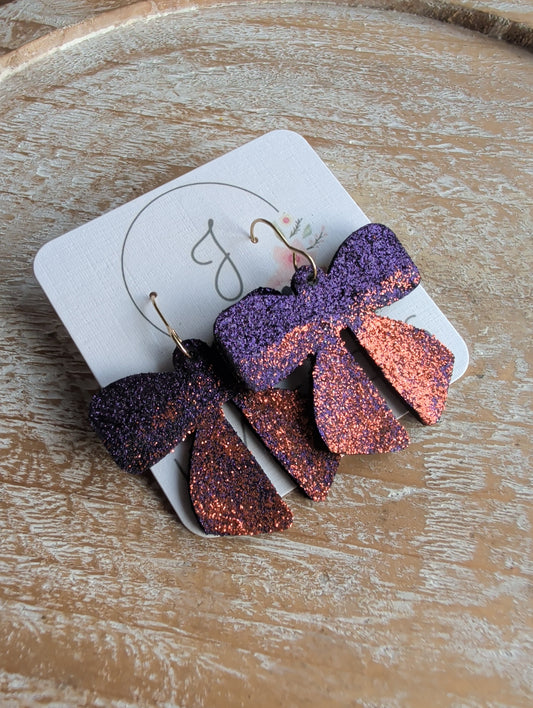 Purple and Orange Glitter Bow Earrings