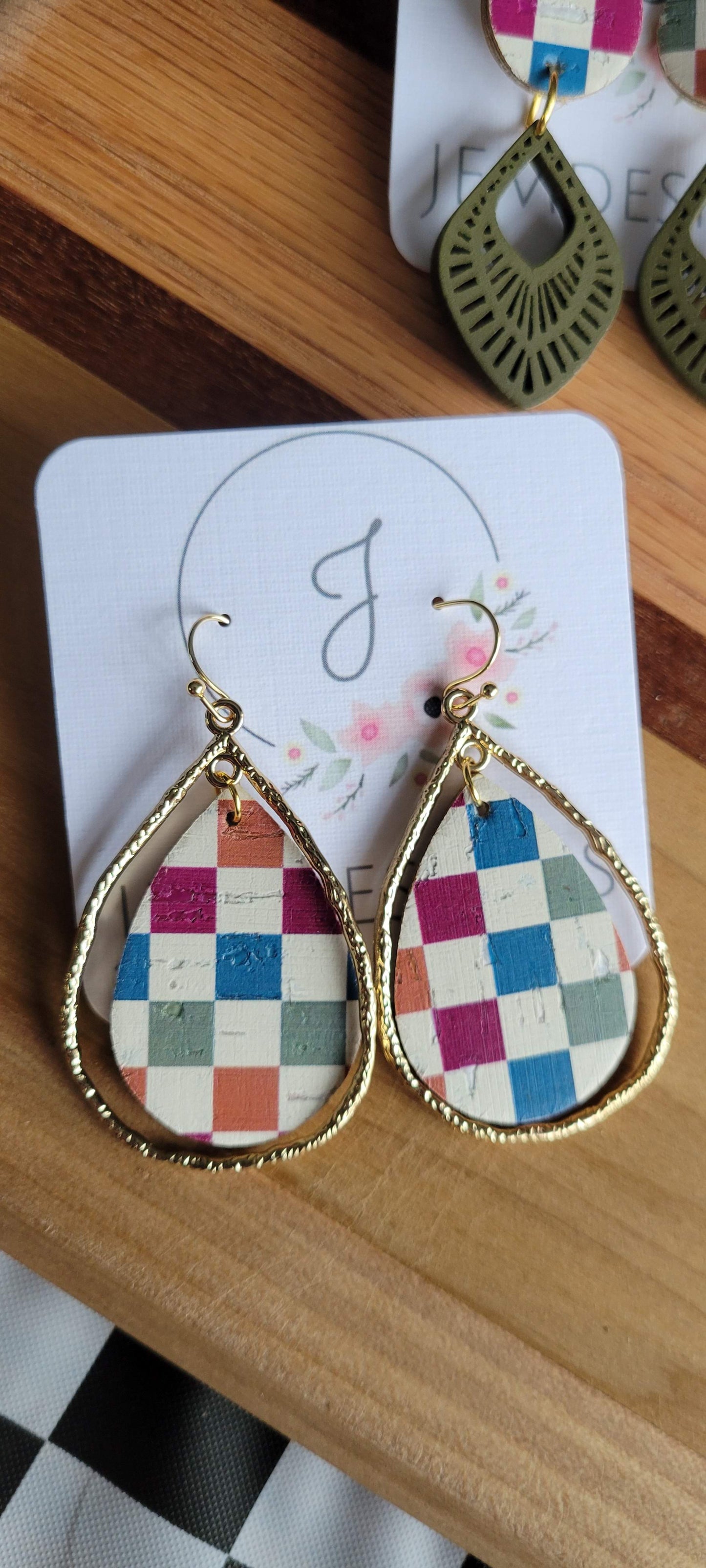 Checkered Cork Necklace and Earrings