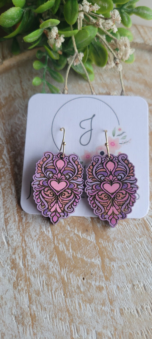 Heart Scroll Wood Earrings